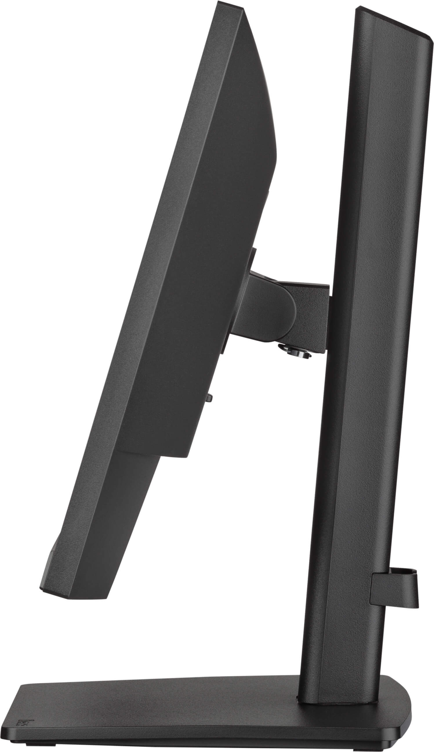 Czarny monitor komputera, widok z boku. Ekran jest pochylony i ma podstawkę.