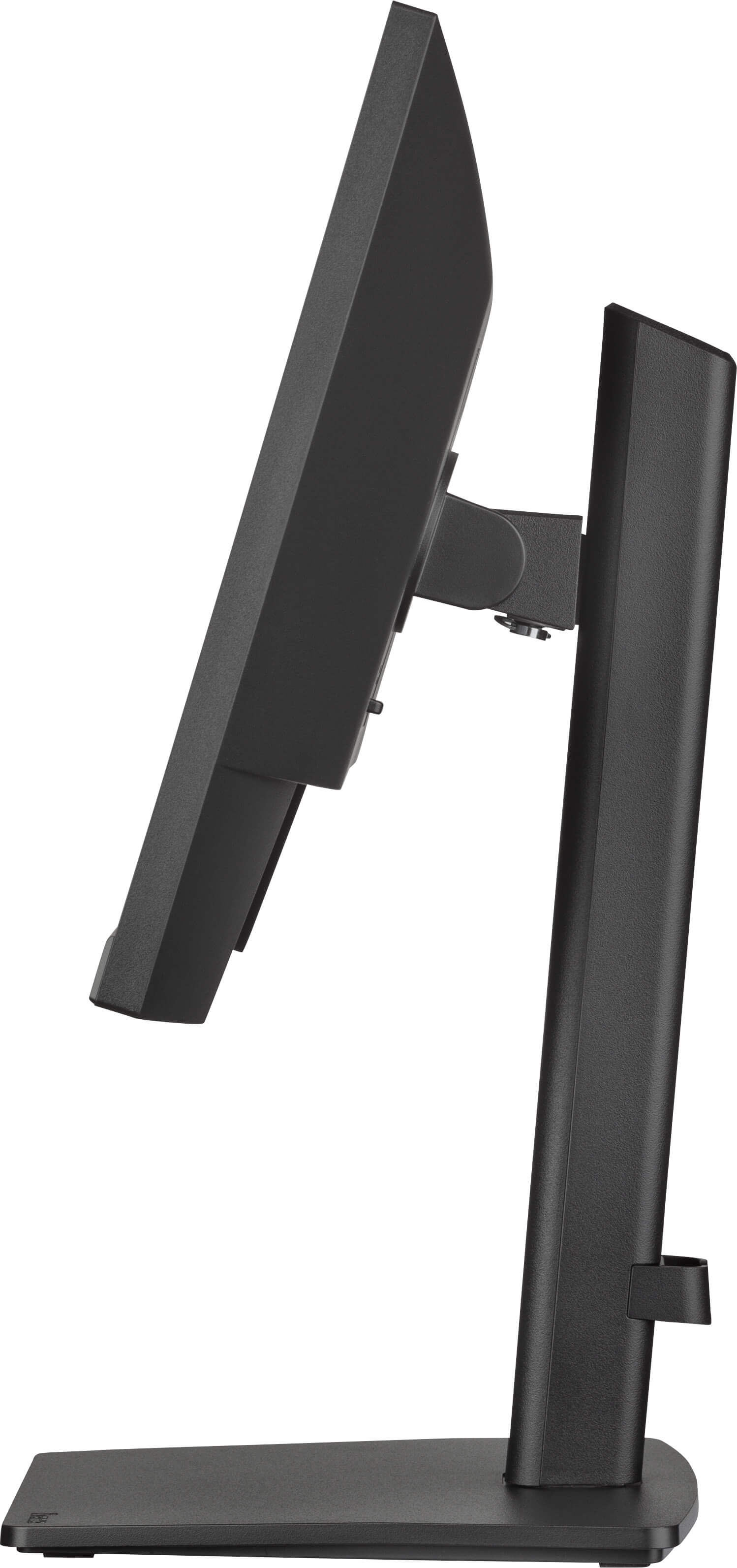 Czarny monitor komputerowy. Widok z boku pokazuje ekran, podstawę i podstawę. Jest lekko pochylony do tyłu.