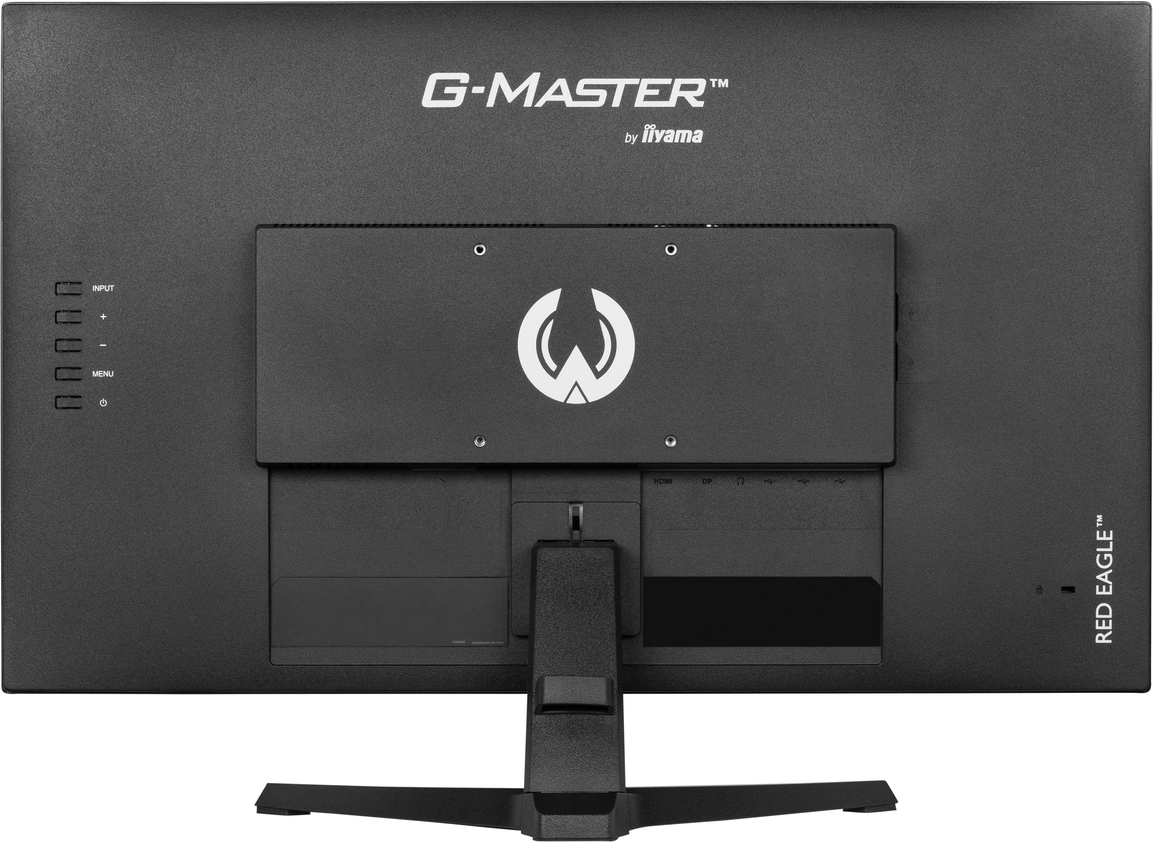Parte trasera de un monitor negro. Tiene la marca G-MASTER y Red Eagle.