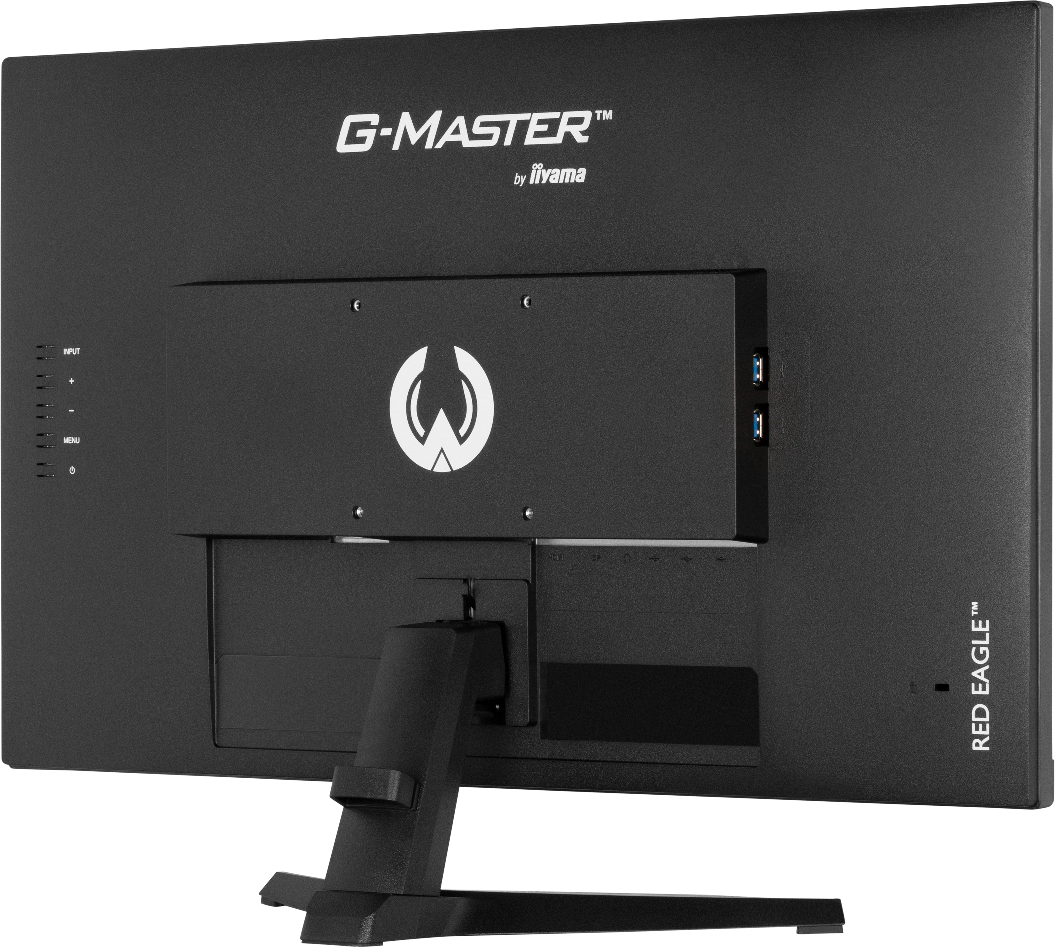 Parte trasera de un monitor G-MASTER, negro, con soporte y múltiples puertos y botones.
