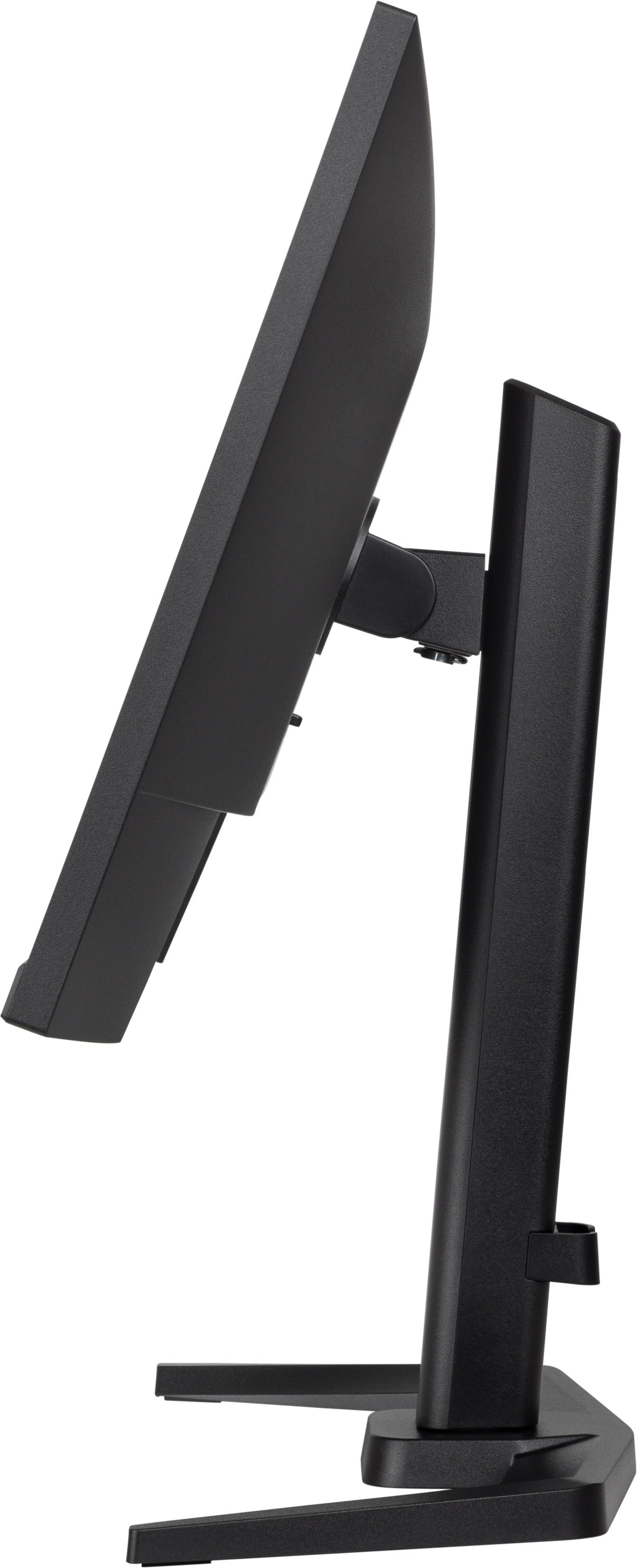 Czarny monitor komputera, widok z boku, zamontowany na czarnym stojaku.