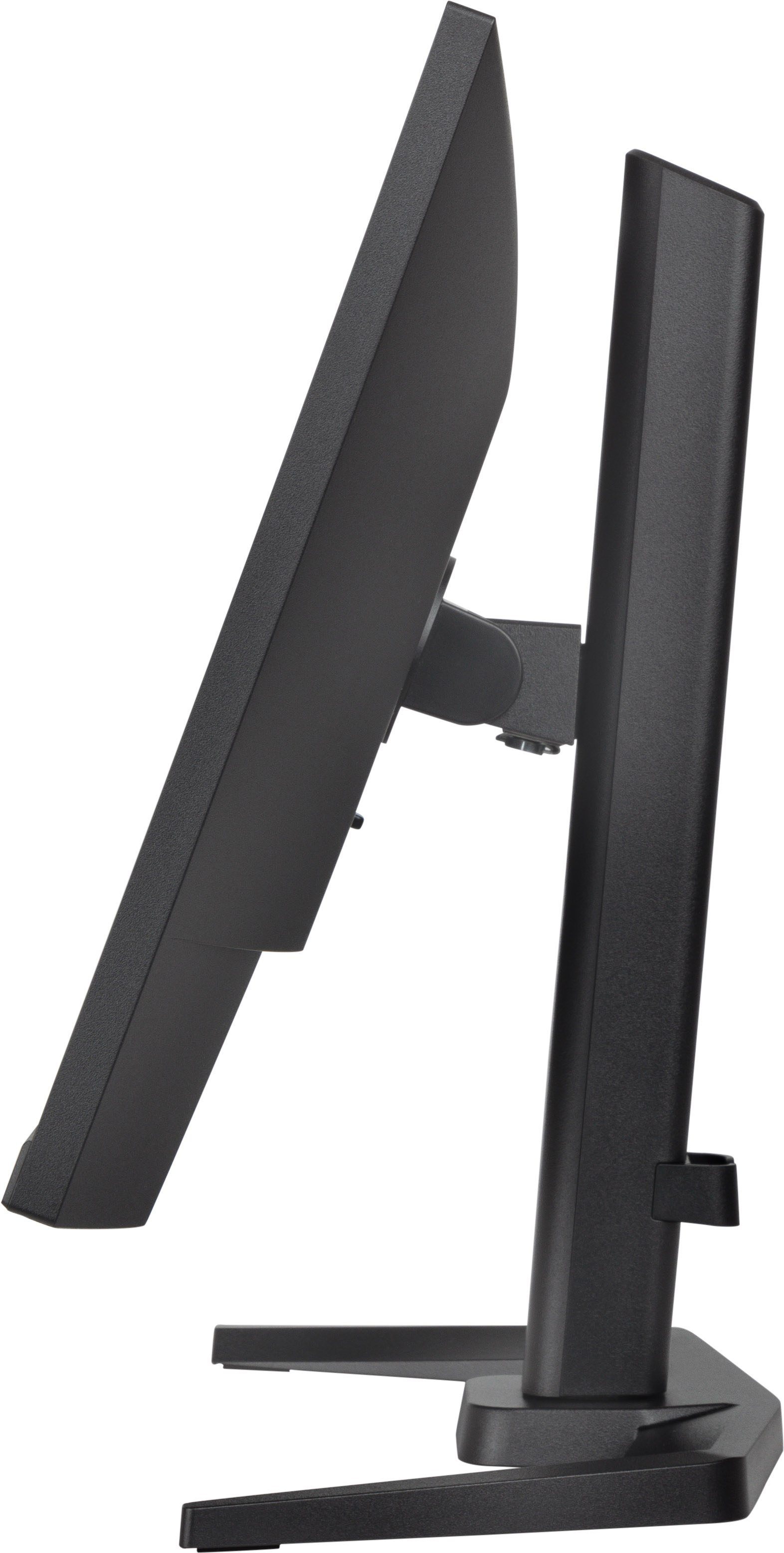 Widok z boku czarnego monitora. Monitor stoi na podstawce.