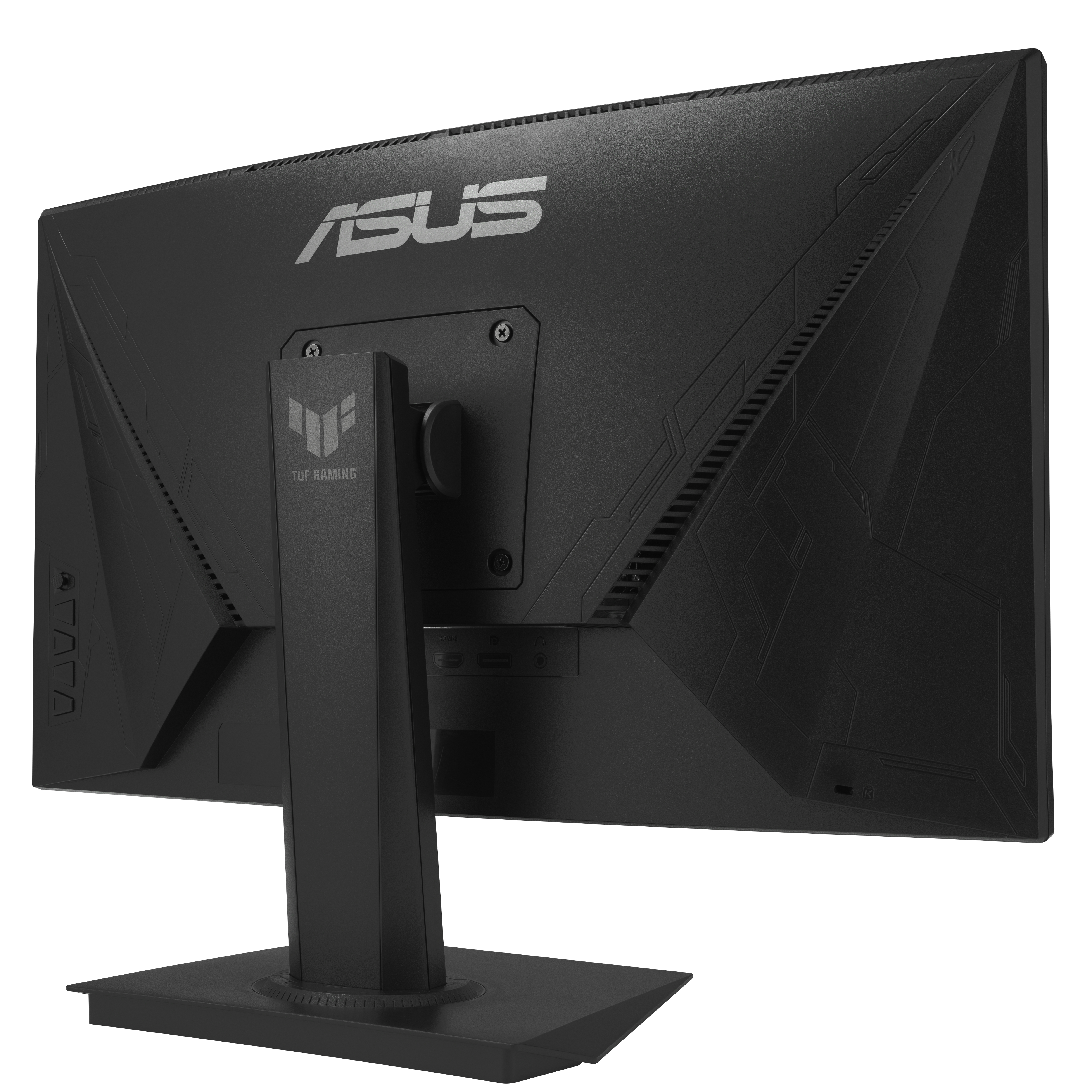 Widok z tyłu monitora ASUS, czarny. Widoczne logo TUF Gaming, porty i stojak.