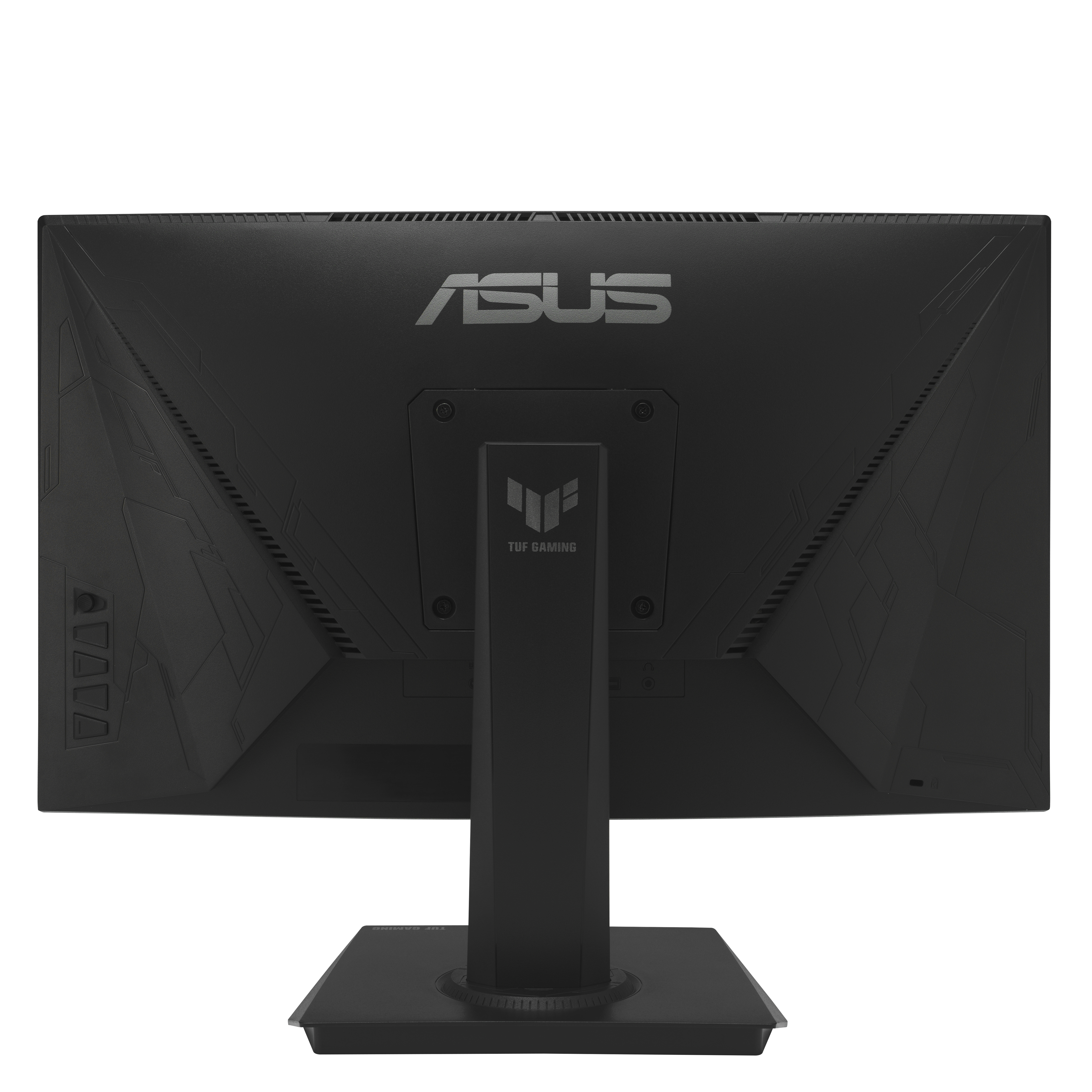 Tył czarnego monitora ASUS TUF Gaming ze stojakiem, białe tło.