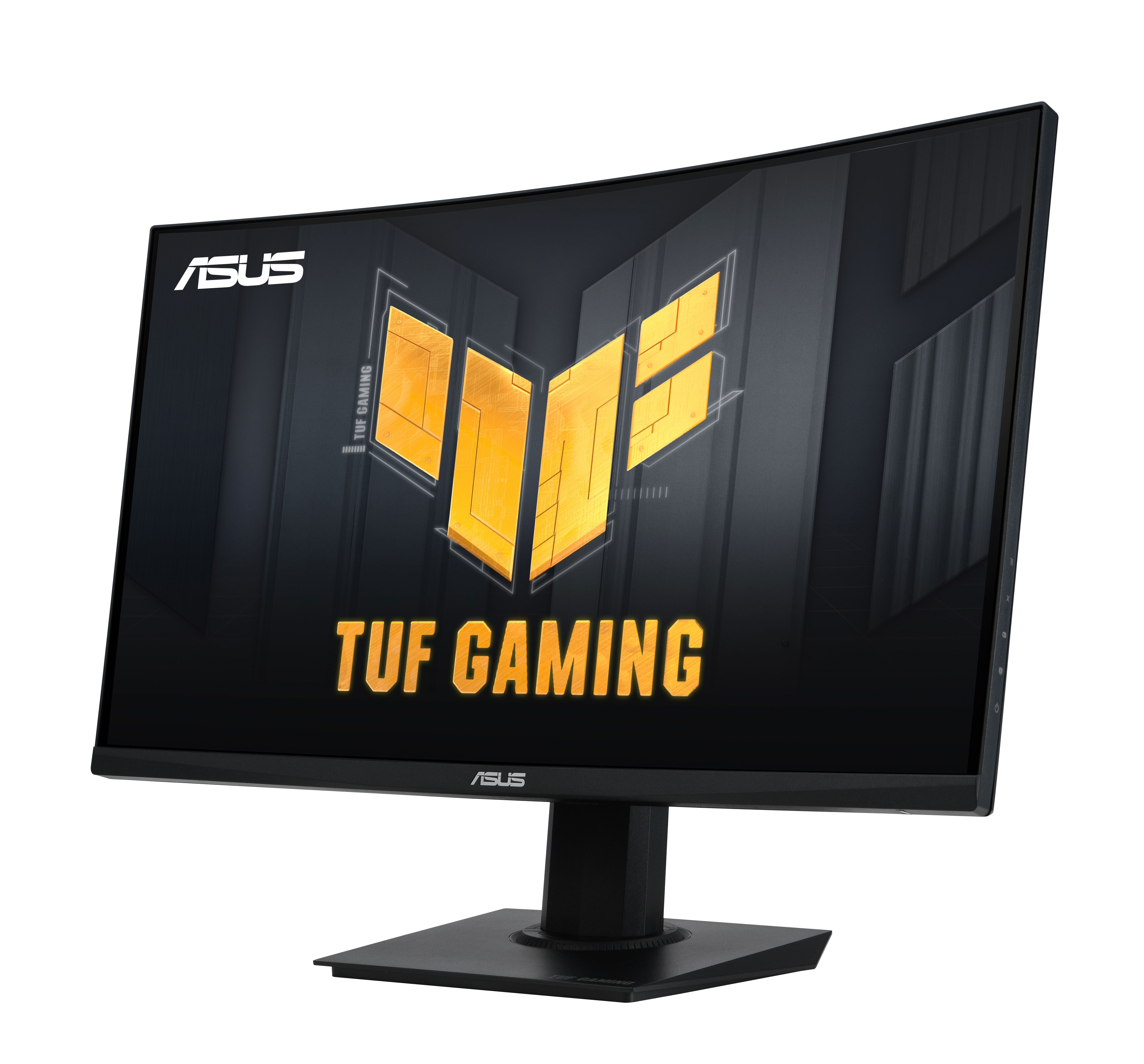 Zakrzywiony monitor do gier ASUS TUF. Ekran wyświetla logo TUF Gaming.