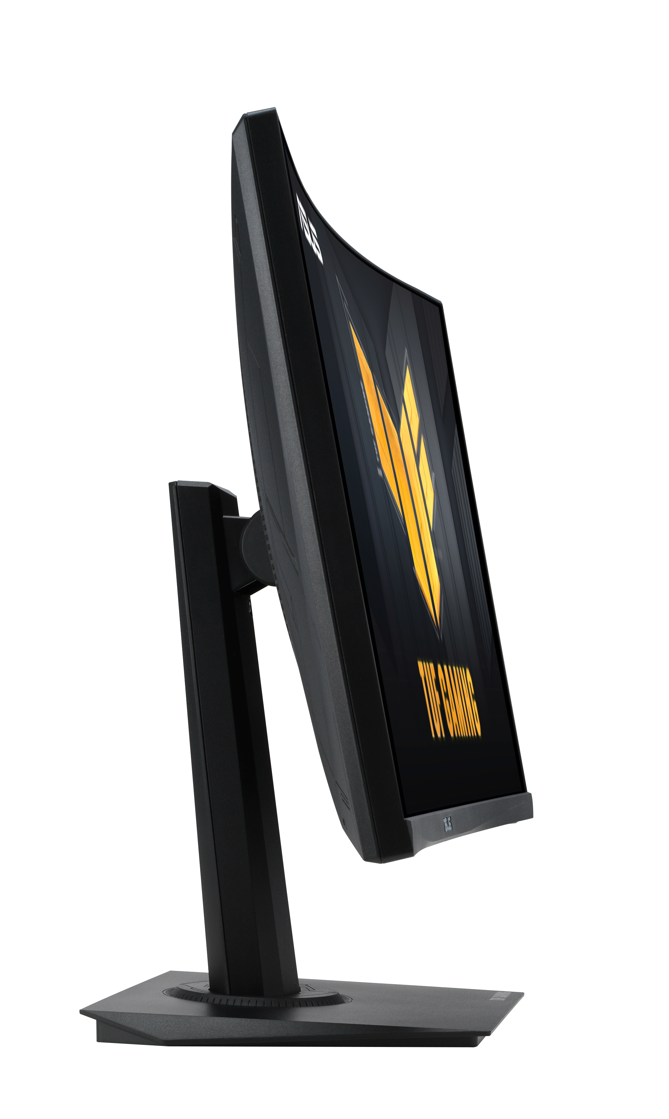 Widok z boku zakrzywionego czarnego monitora komputera pokazujący logo i markę TUF.