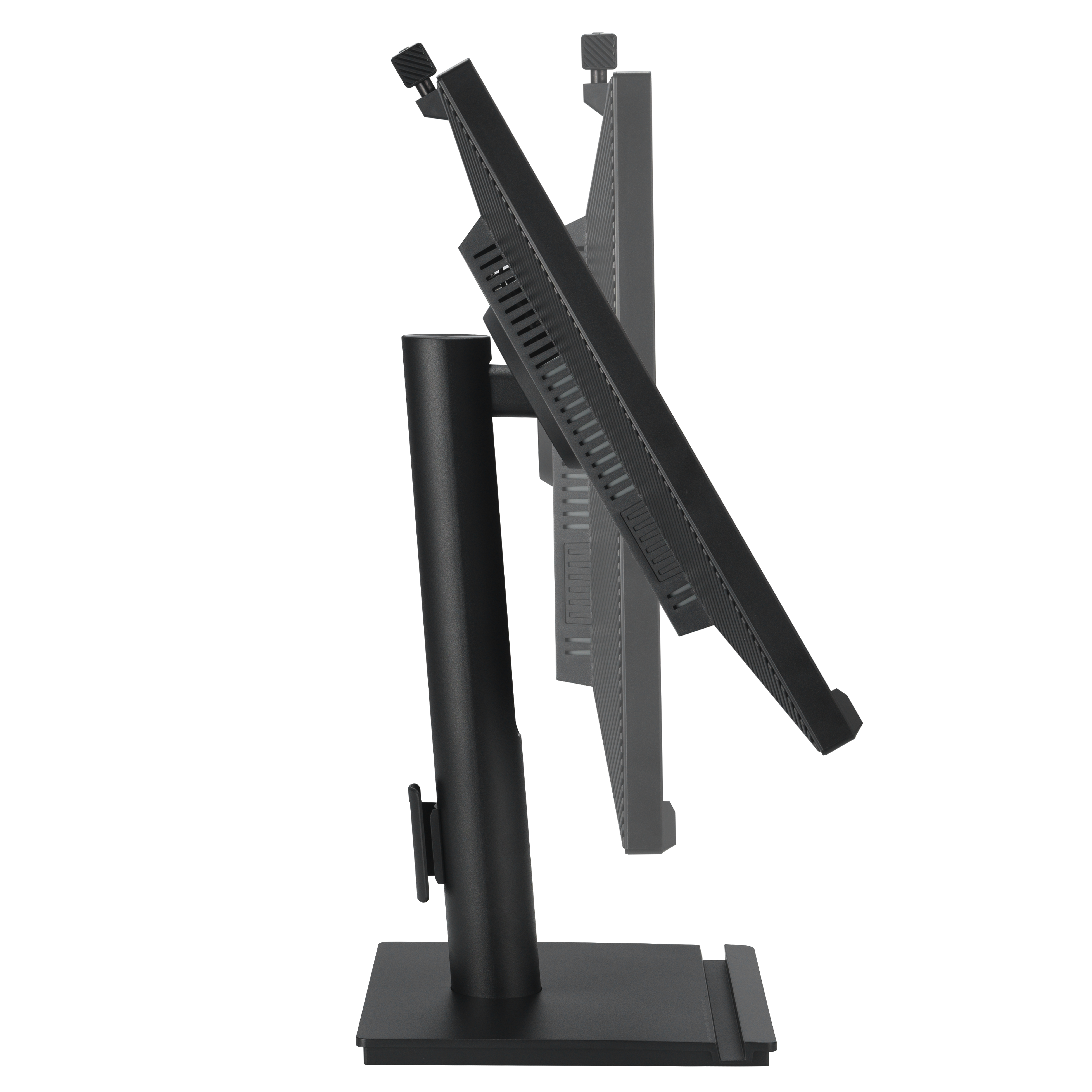 Czarny monitor komputerowy na stojaku, pochylony na bok.