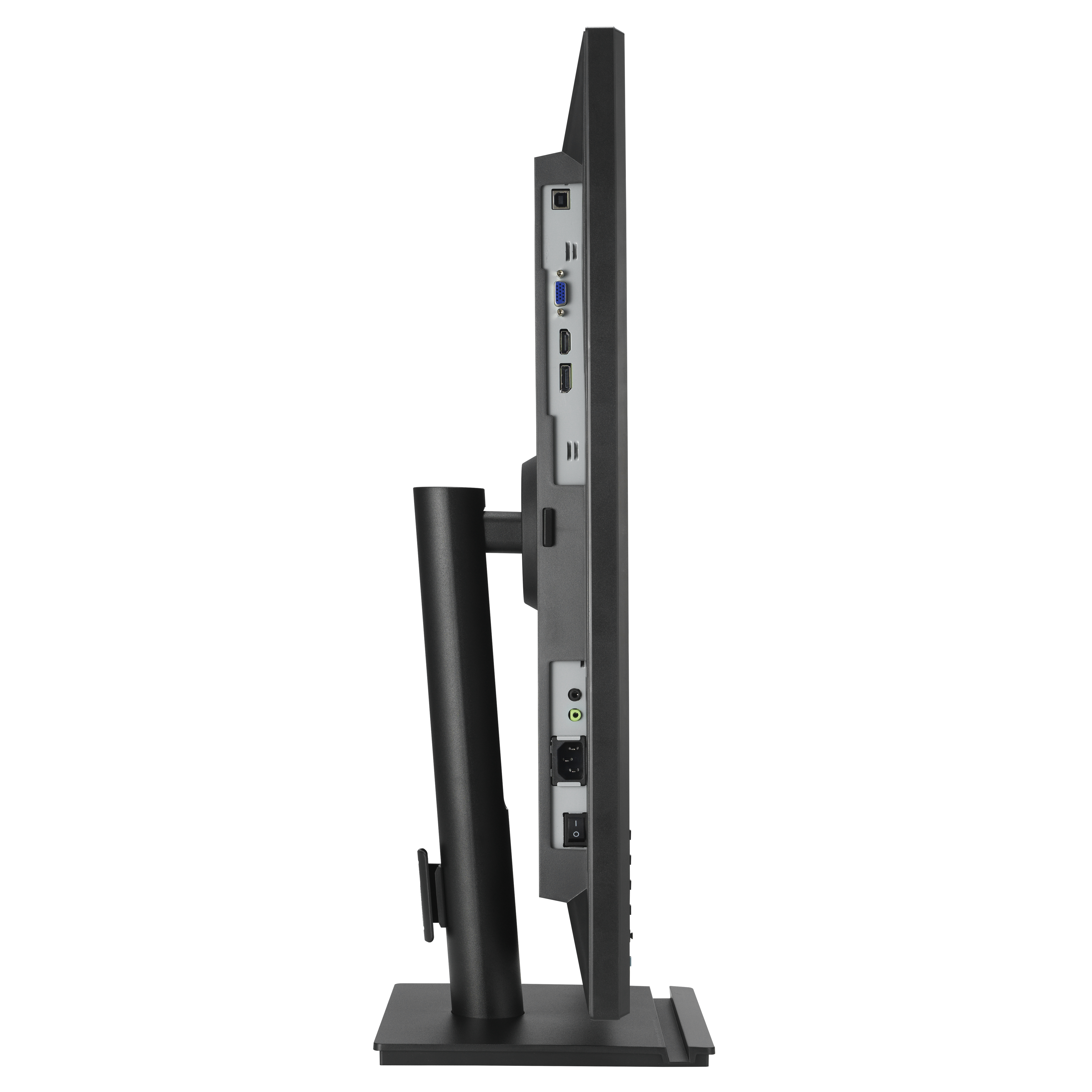 Widok z boku monitora. Jest czarny. Ma wiele portów i podstawkę.