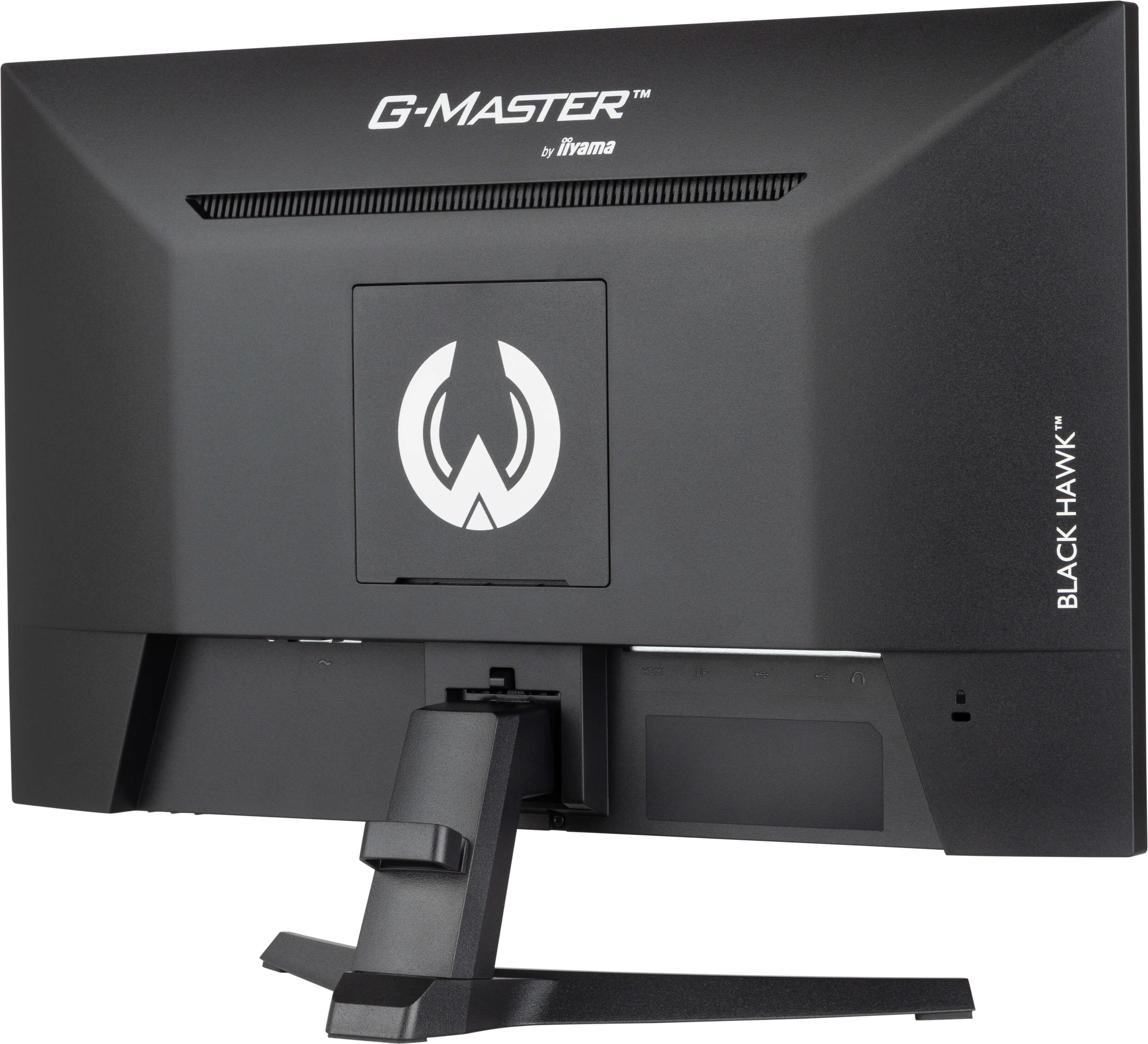 La parte trasera de un monitor de computadora negro. Tiene un soporte, un logotipo y varios puertos. La superficie es negra.