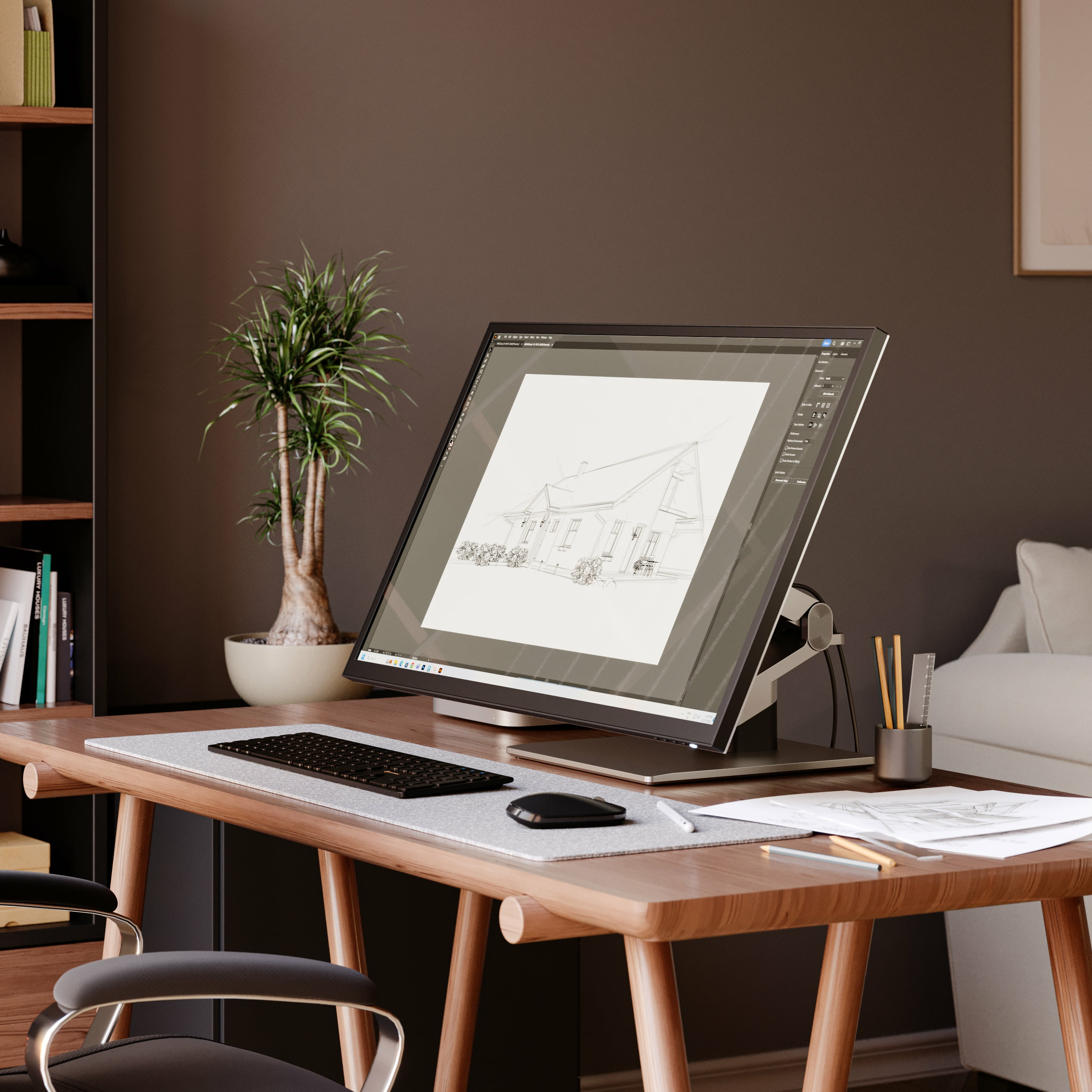 Konfiguracja biurka: rysunek na monitorze, klawiatura, mysz, ołówki i roślina.