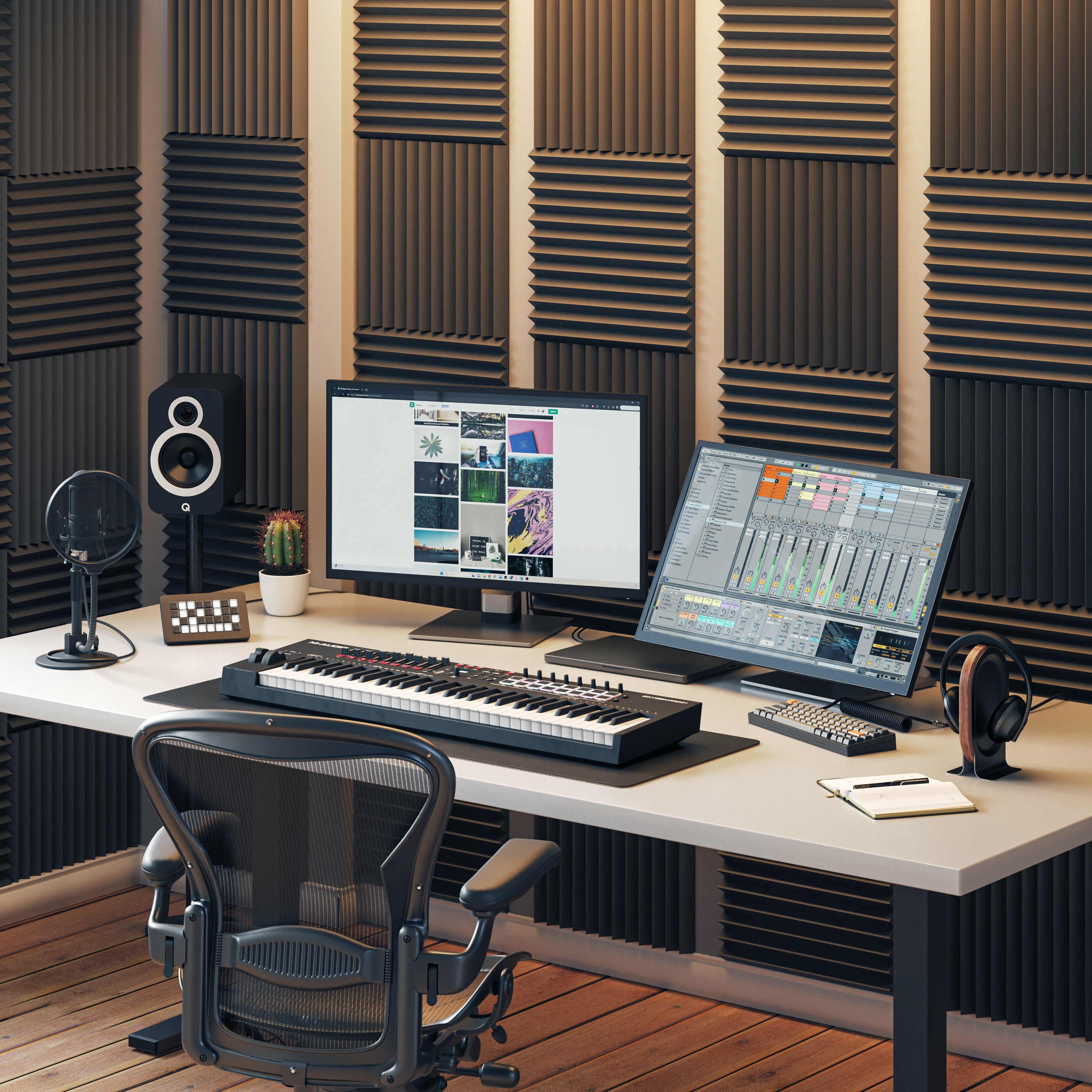 Studio z monitorami, klawiaturą, mikrofonem i panelami dźwiękochłonnymi. Biurko i krzesło.