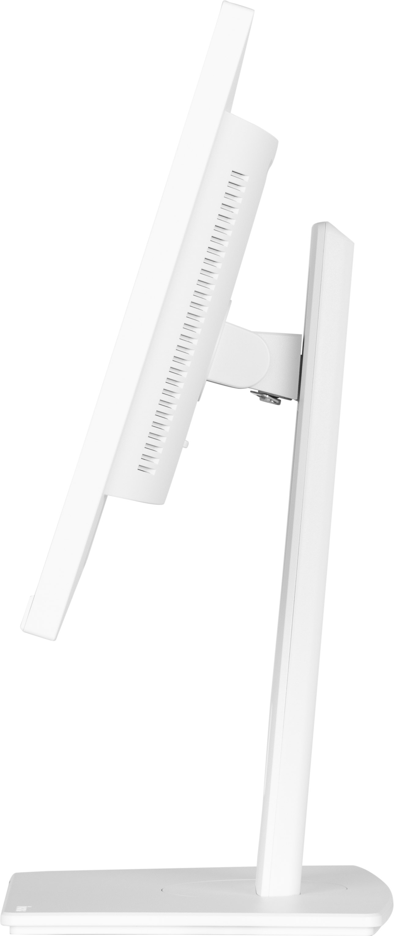 Widok z boku białego monitora. Stojak jest biały. Ekran jest pochylony.