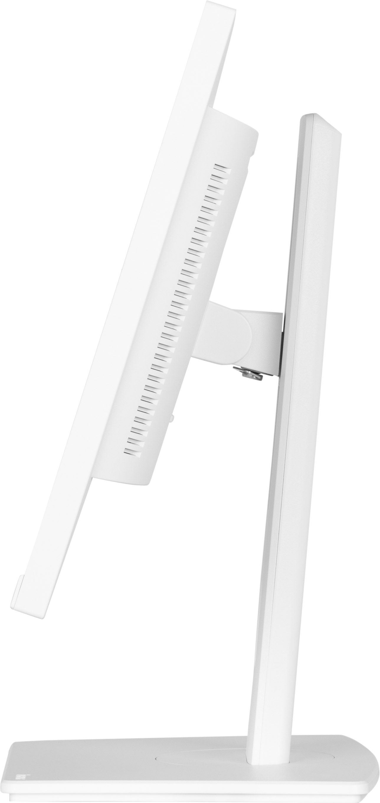 Biały monitor z boku. Pokazuje podstawę i regulowany ekran.