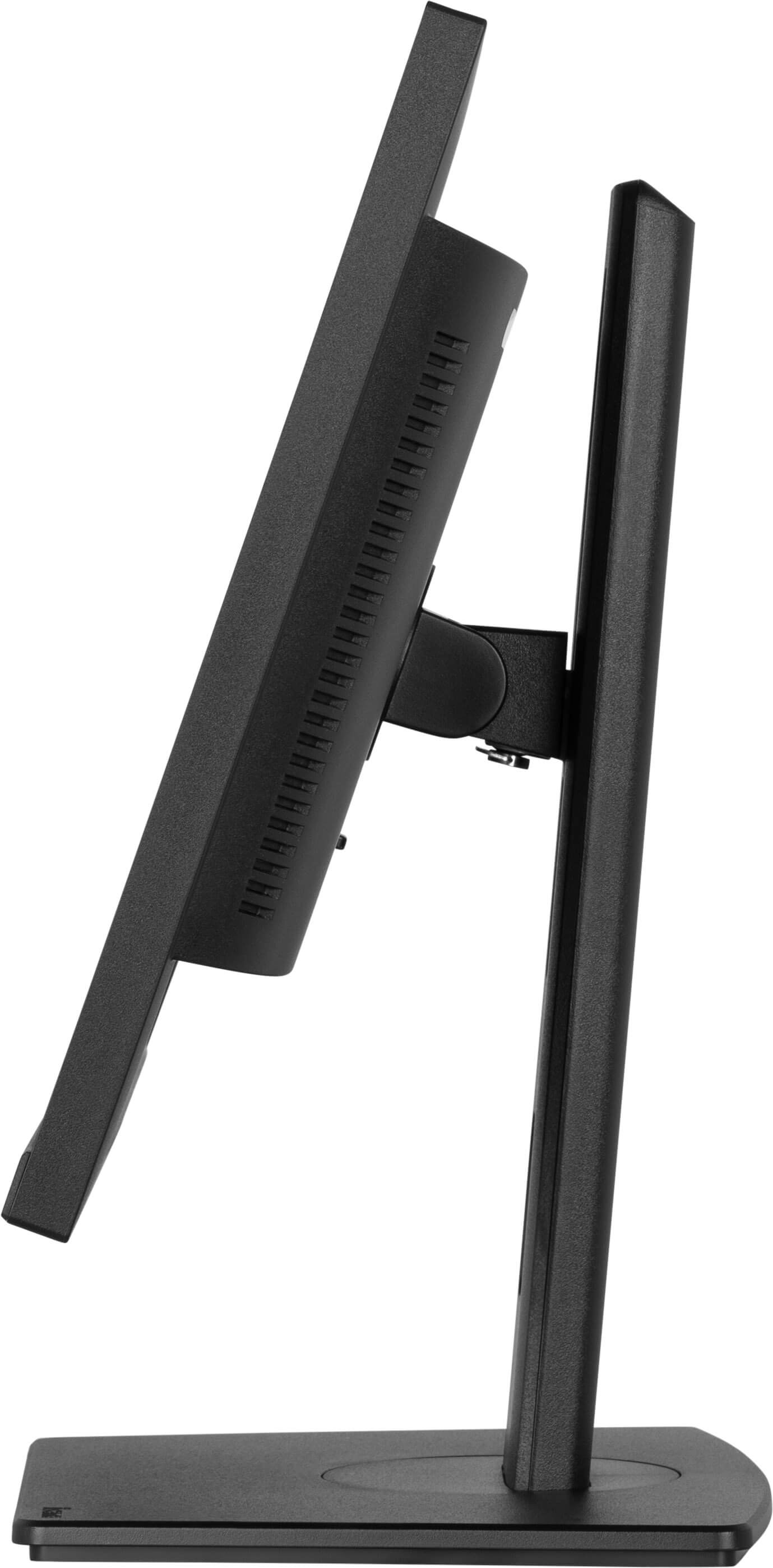 Czarny monitor komputerowy, widok z boku. Posiada podstawkę i cienką ramkę.