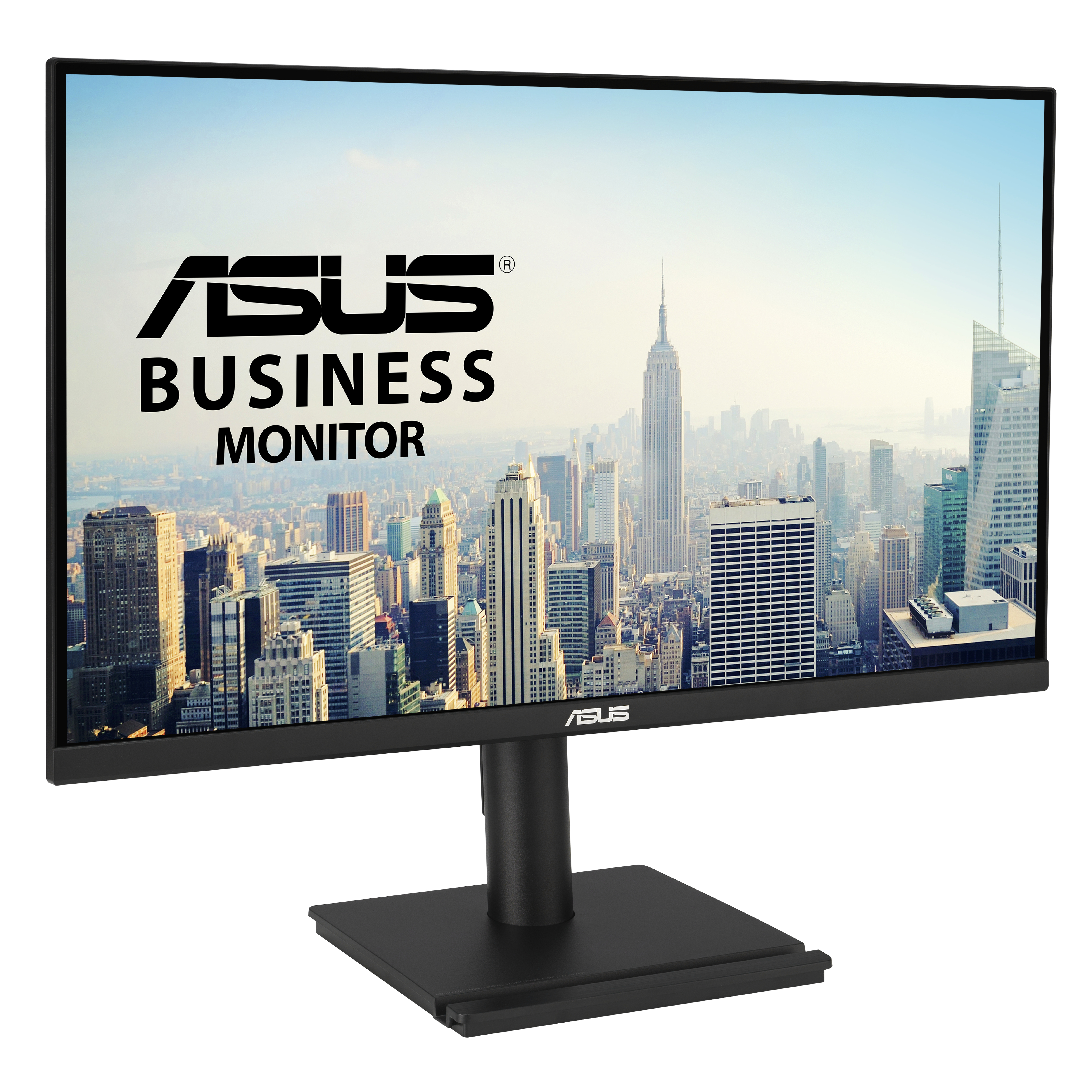 Monitor Asus Business z krajobrazem miejskim na ekranie. Monitor jest czarny.