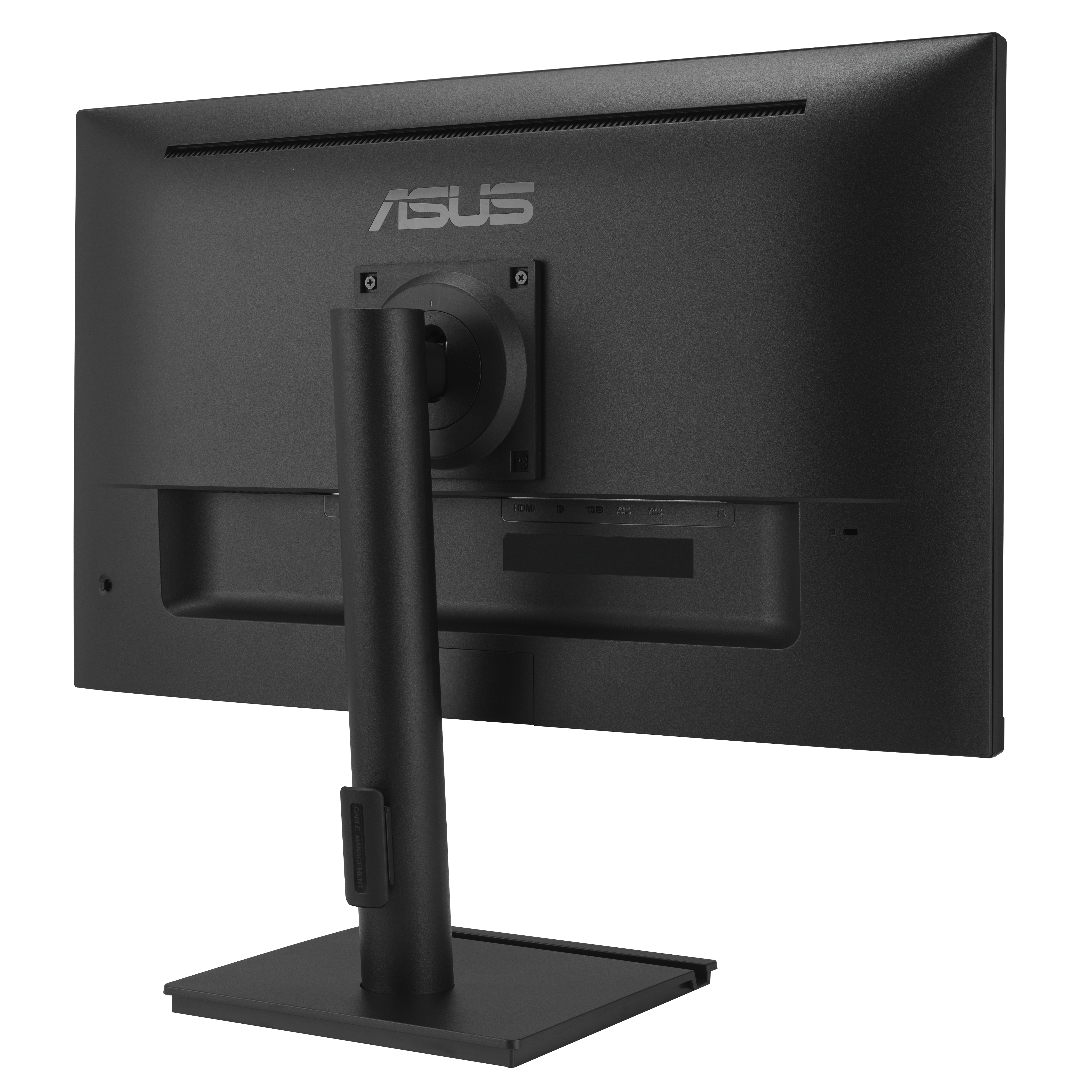 Widok z tyłu czarnego monitora komputerowego z logo ASUS i stojakiem.