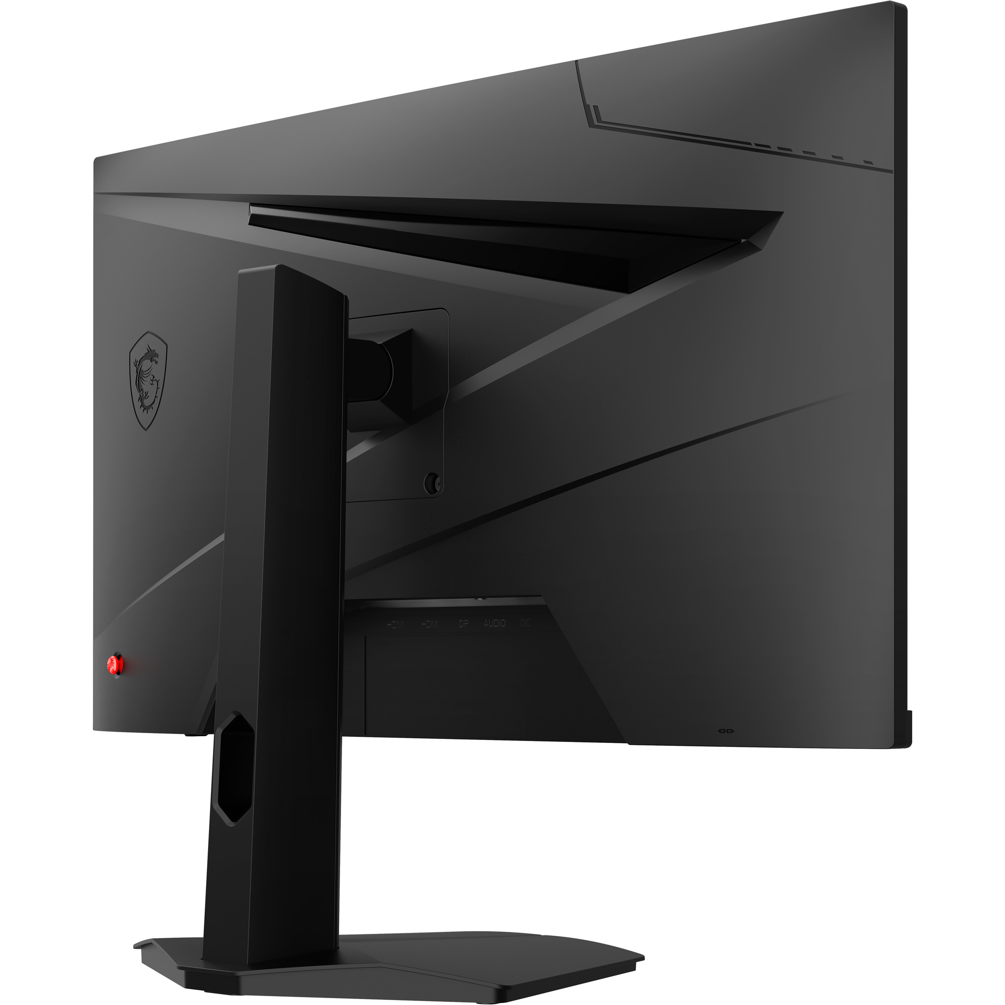 Vista trasera de un monitor MSI negro con soporte y puertos.