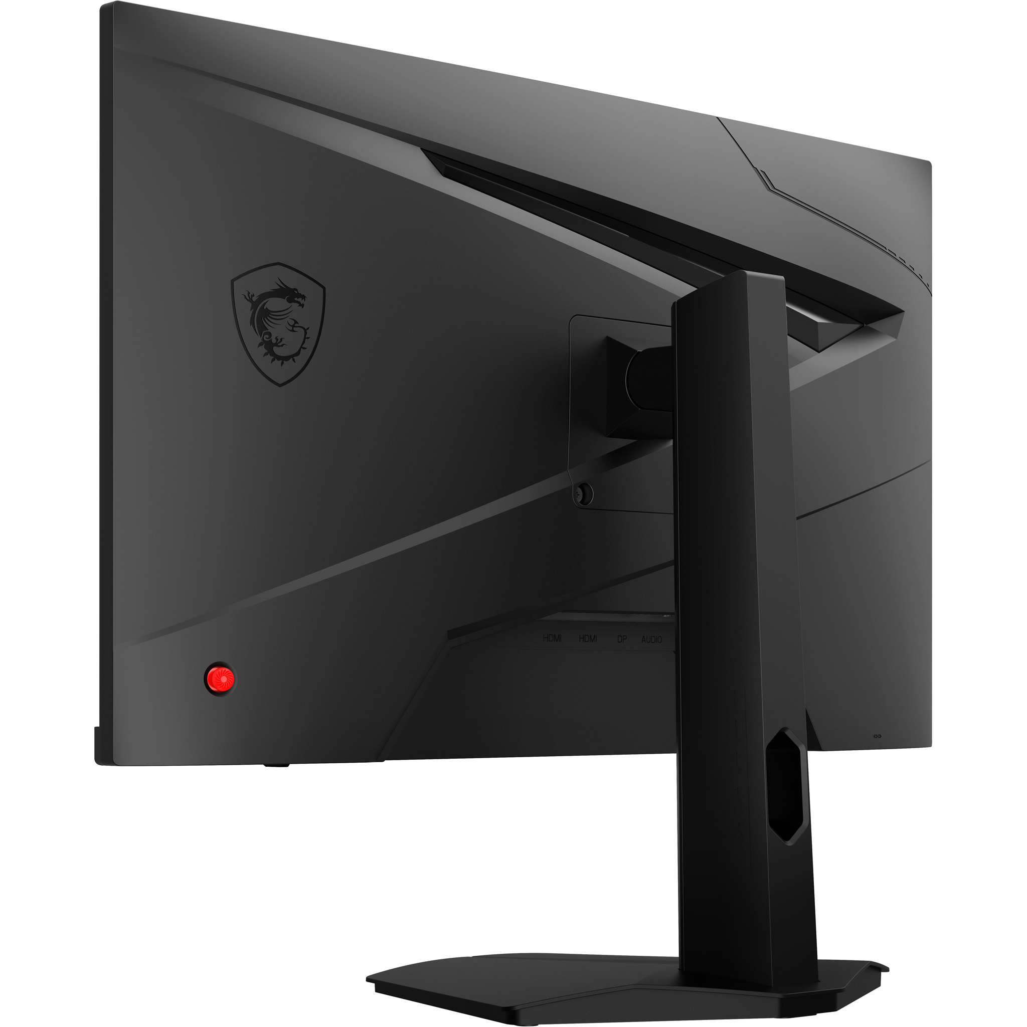 Parte trasera de un monitor de computadora negro. Tiene el logotipo de MSI y un botón de encendido rojo.