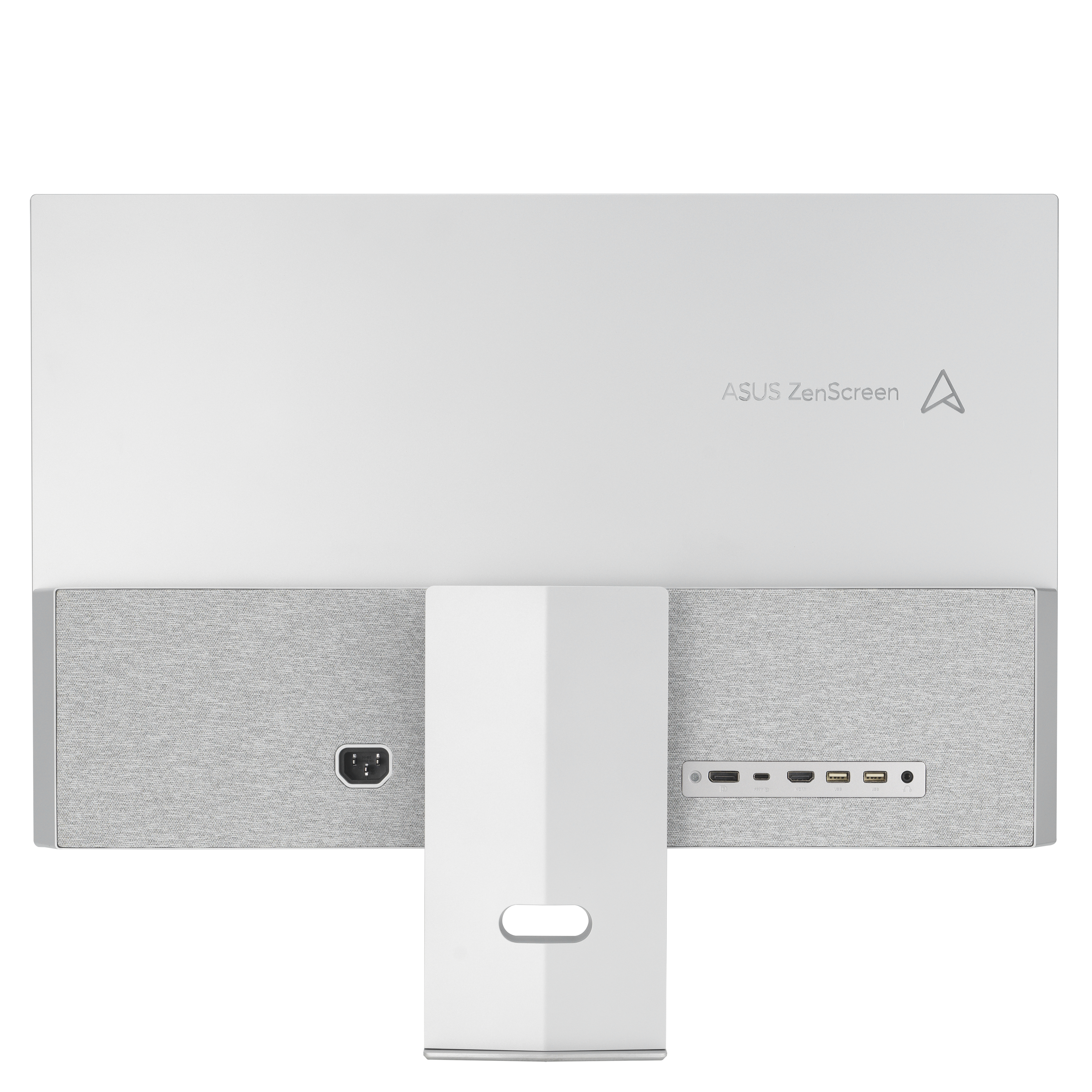 Tył białego monitora z logo ASUS ZenScreen. Ma porty i białą podstawę z szarymi akcentami.