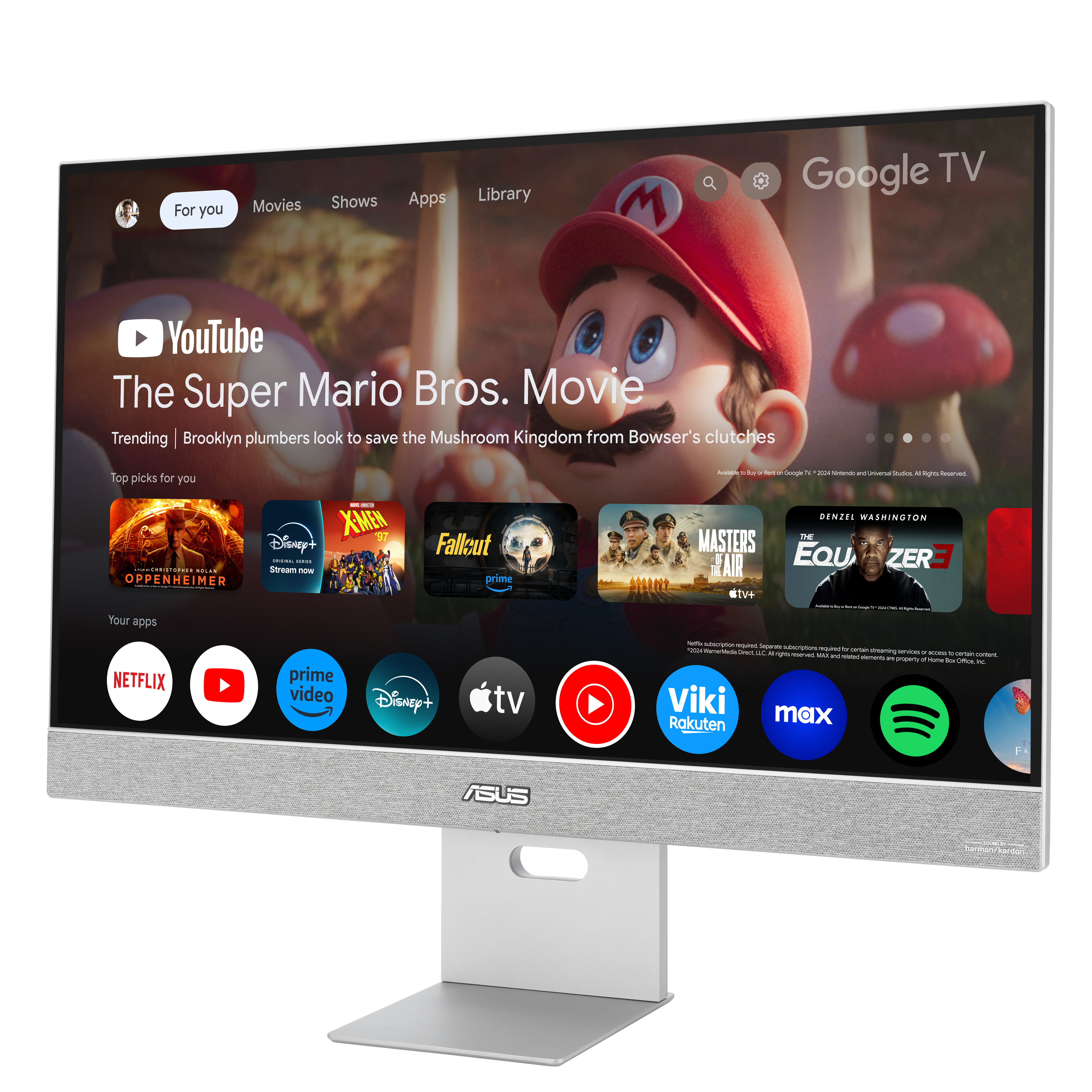 Monitor ASUS z interfejsem Google TV. Wyświetla YouTube i różne aplikacje do strumieniowania.