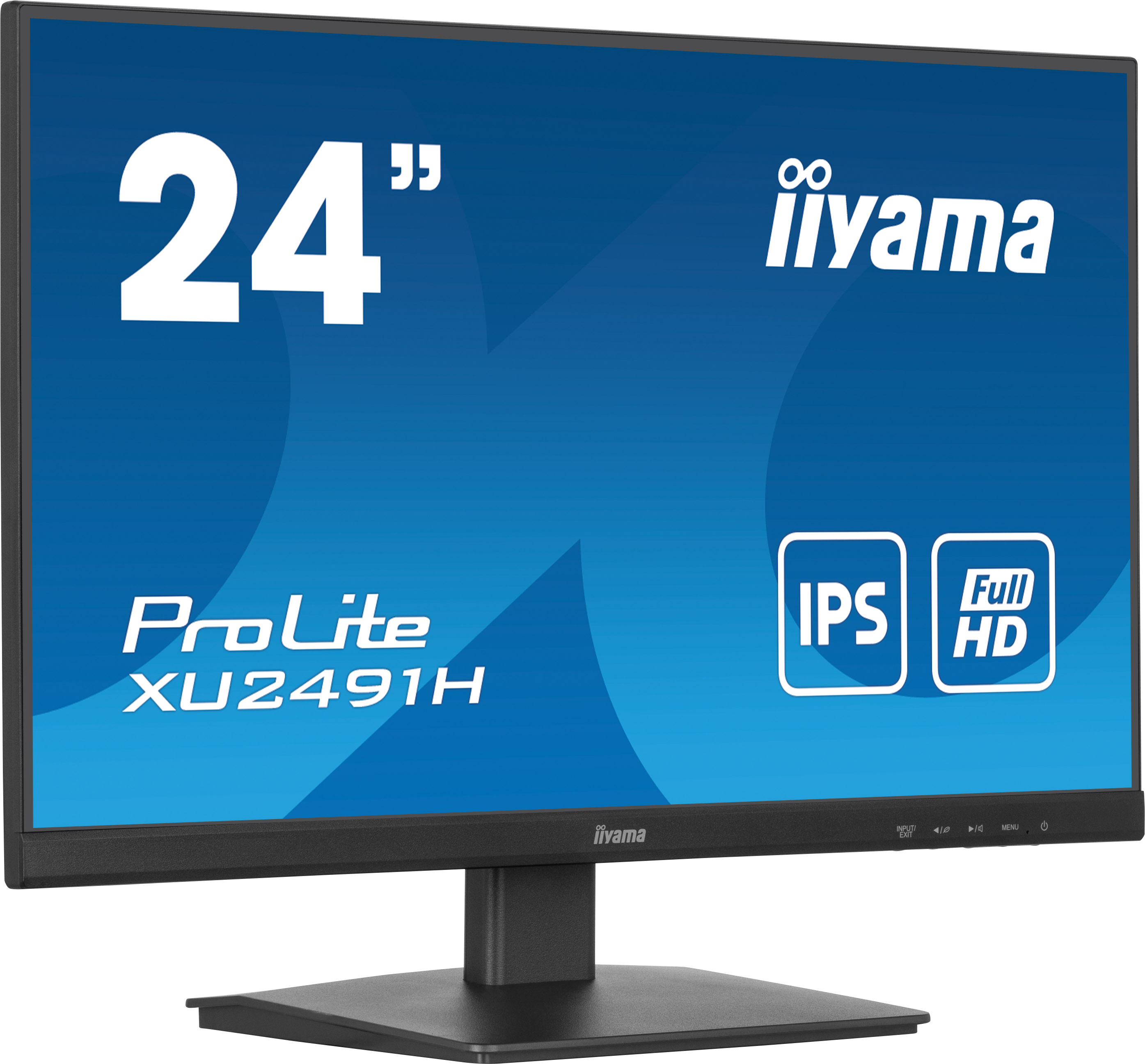 24-calowy monitor iiyama ProLite, czarna ramka, na stojaku. Tekst: ProLite XU2491H, Full HD, IPS.