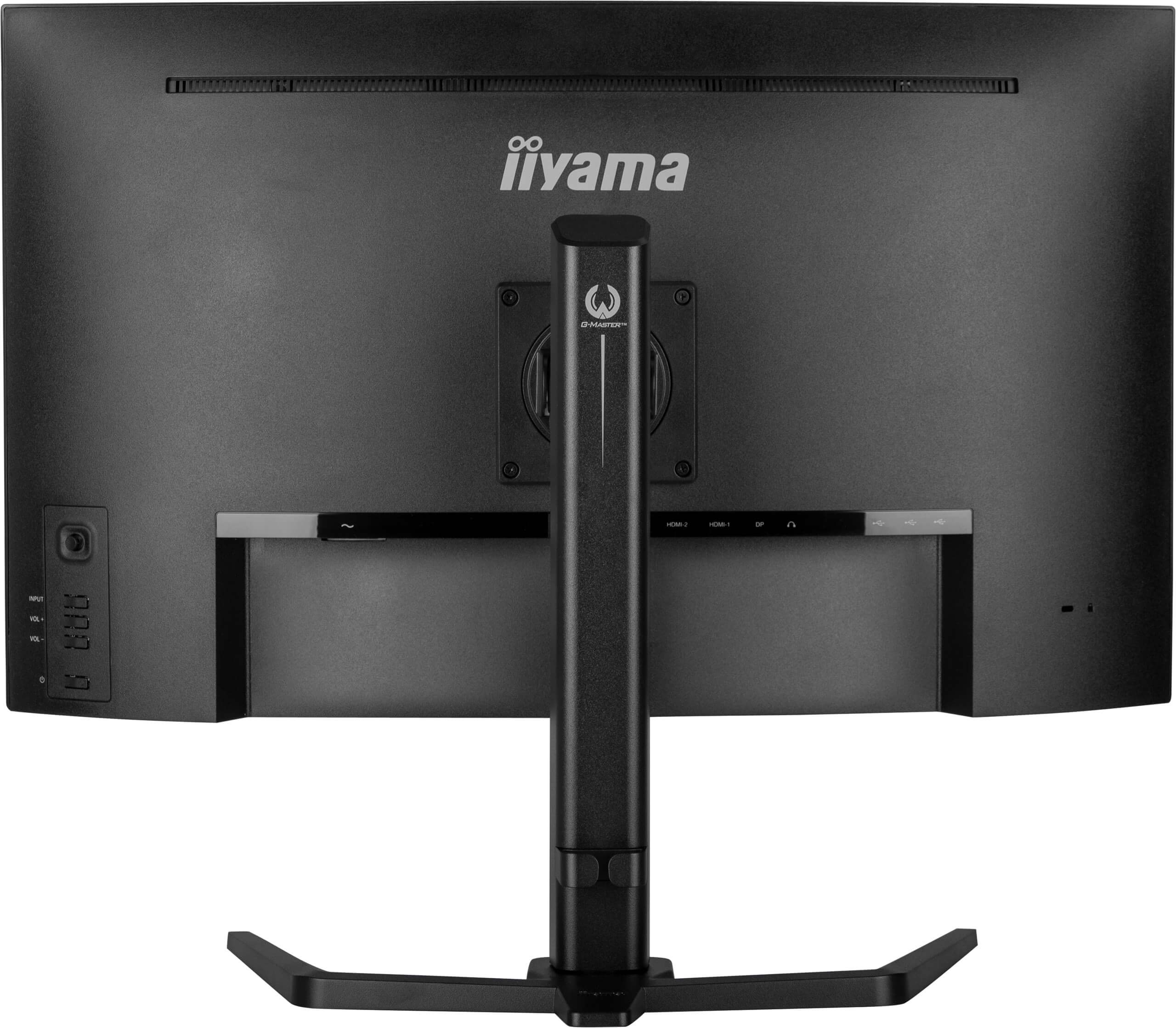Arrière d'un moniteur noir avec logo iiyama et support. Ports visibles.