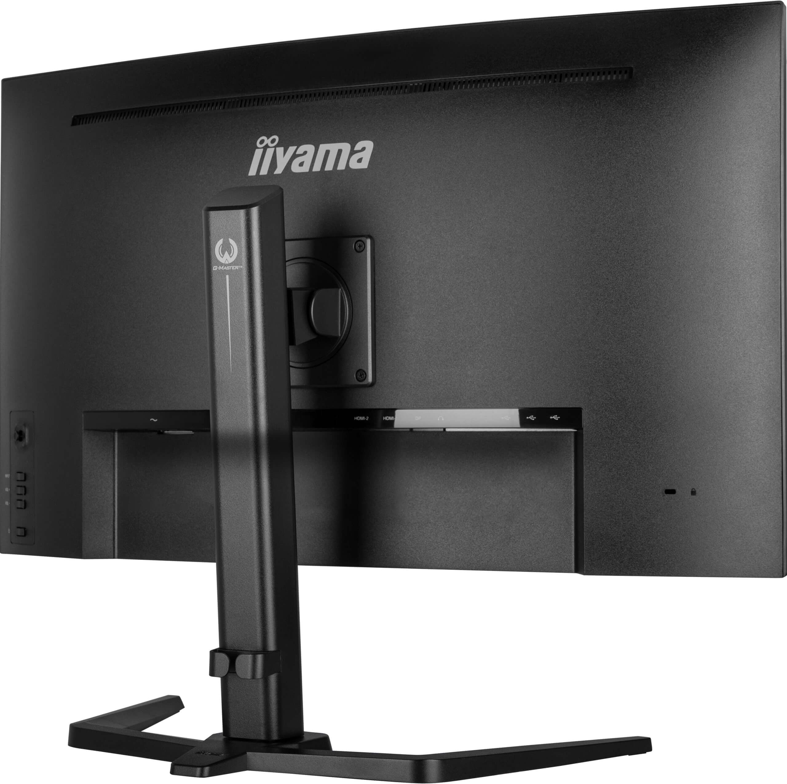 Moniteur iiyama noir, vue arrière, avec pied et ports.