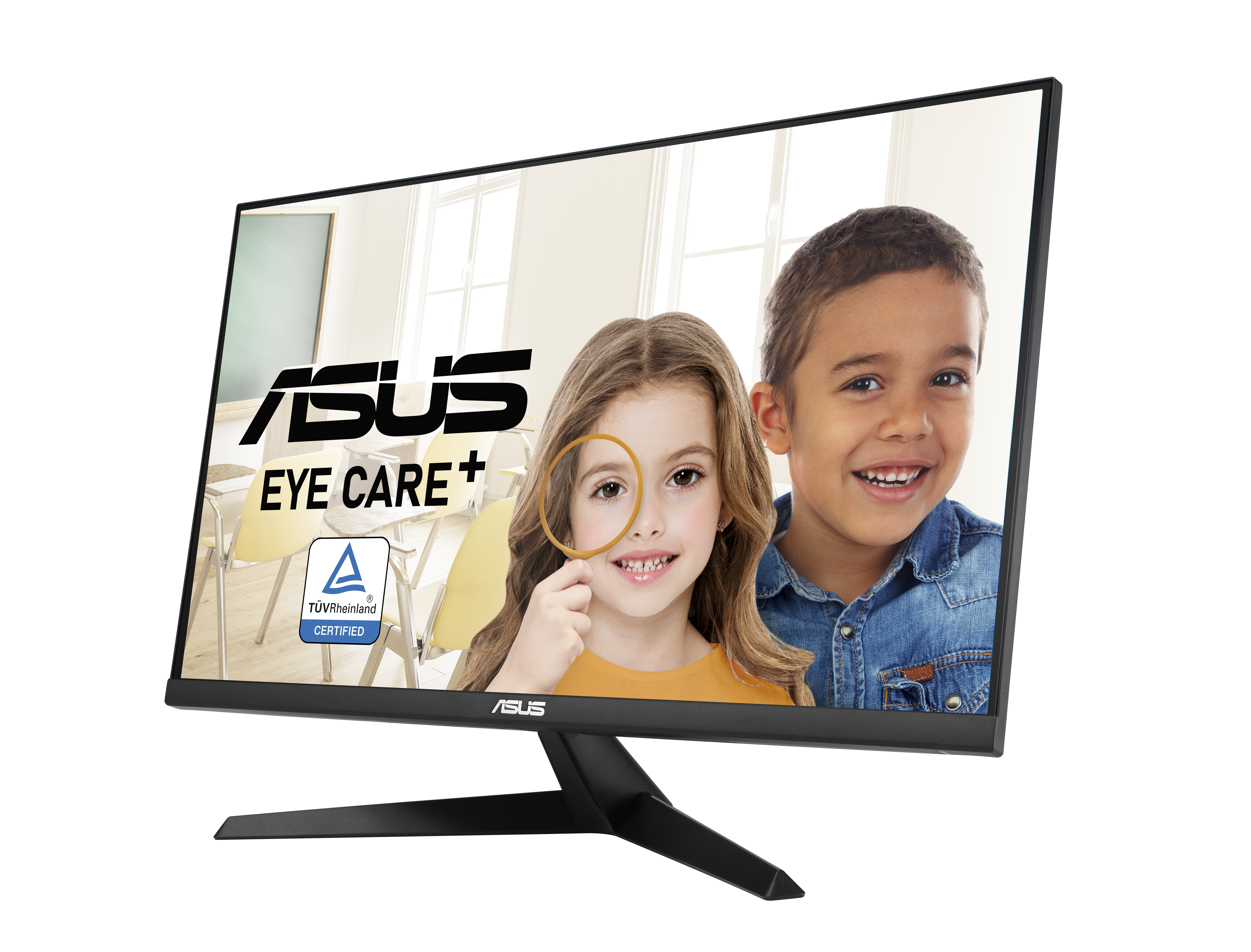 Monitor ASUS z dwójką dzieci na ekranie patrzących na lupę.