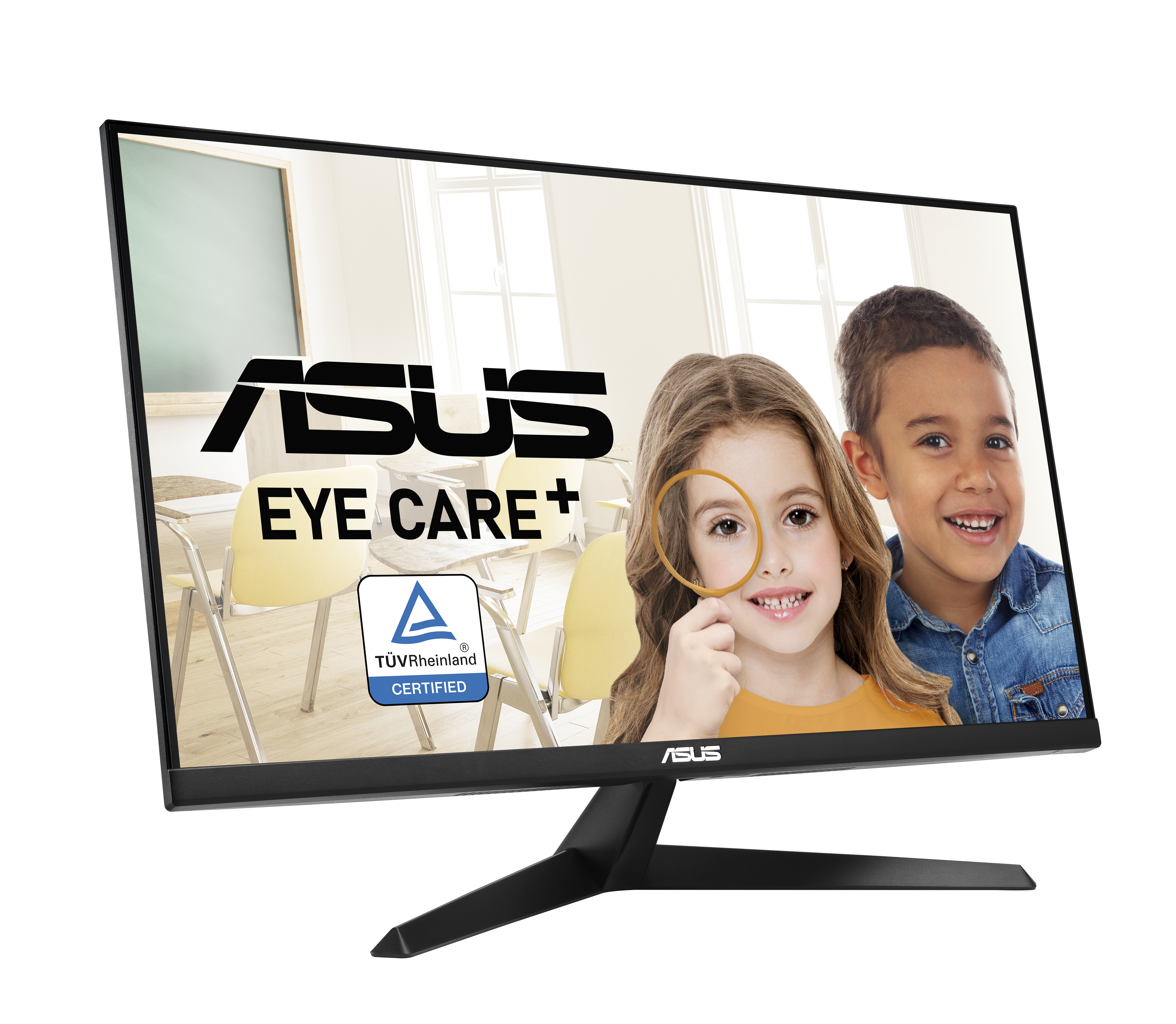 Czarny monitor z dziećmi. Dziewczynka trzyma lupę. Widoczne logo ASUS Eye Care+.