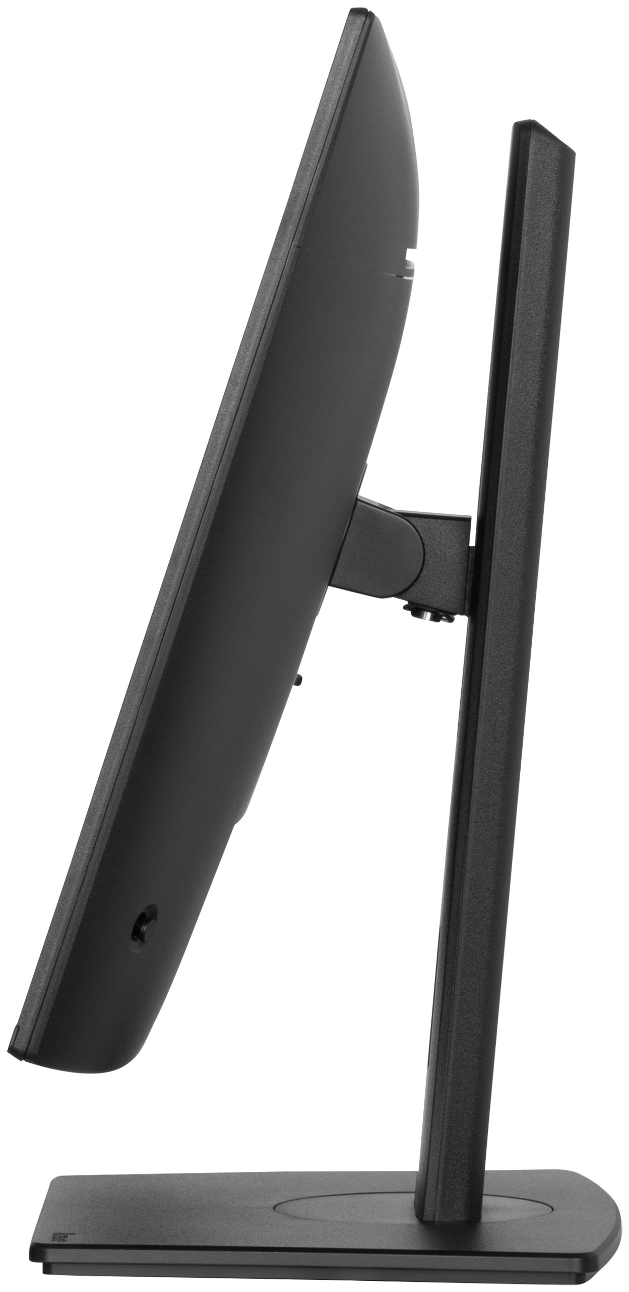 Side view of a black monitor on a black stand against a white background.