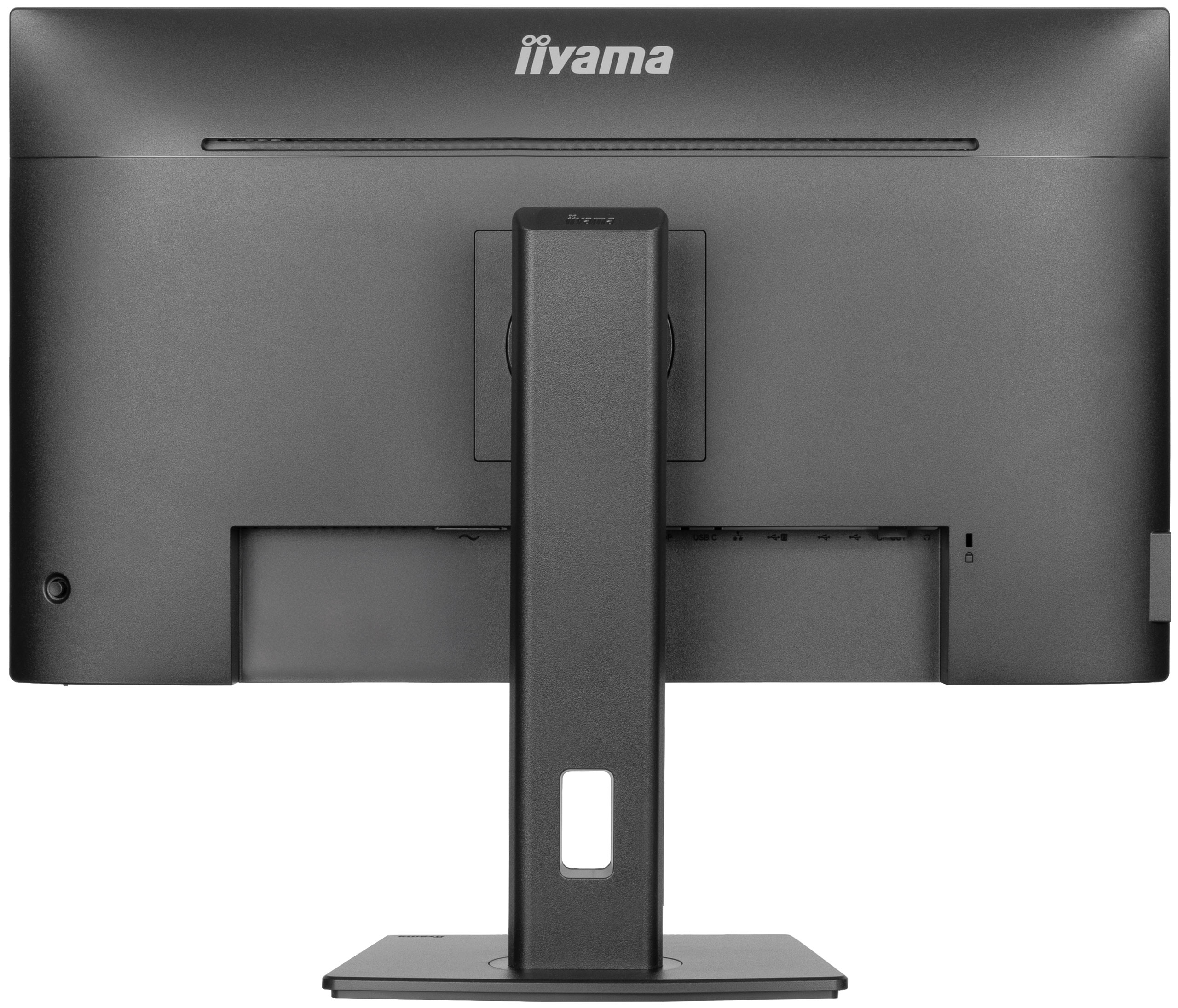 The back of a gray computer monitor with a stand, featuring ports and a power button.