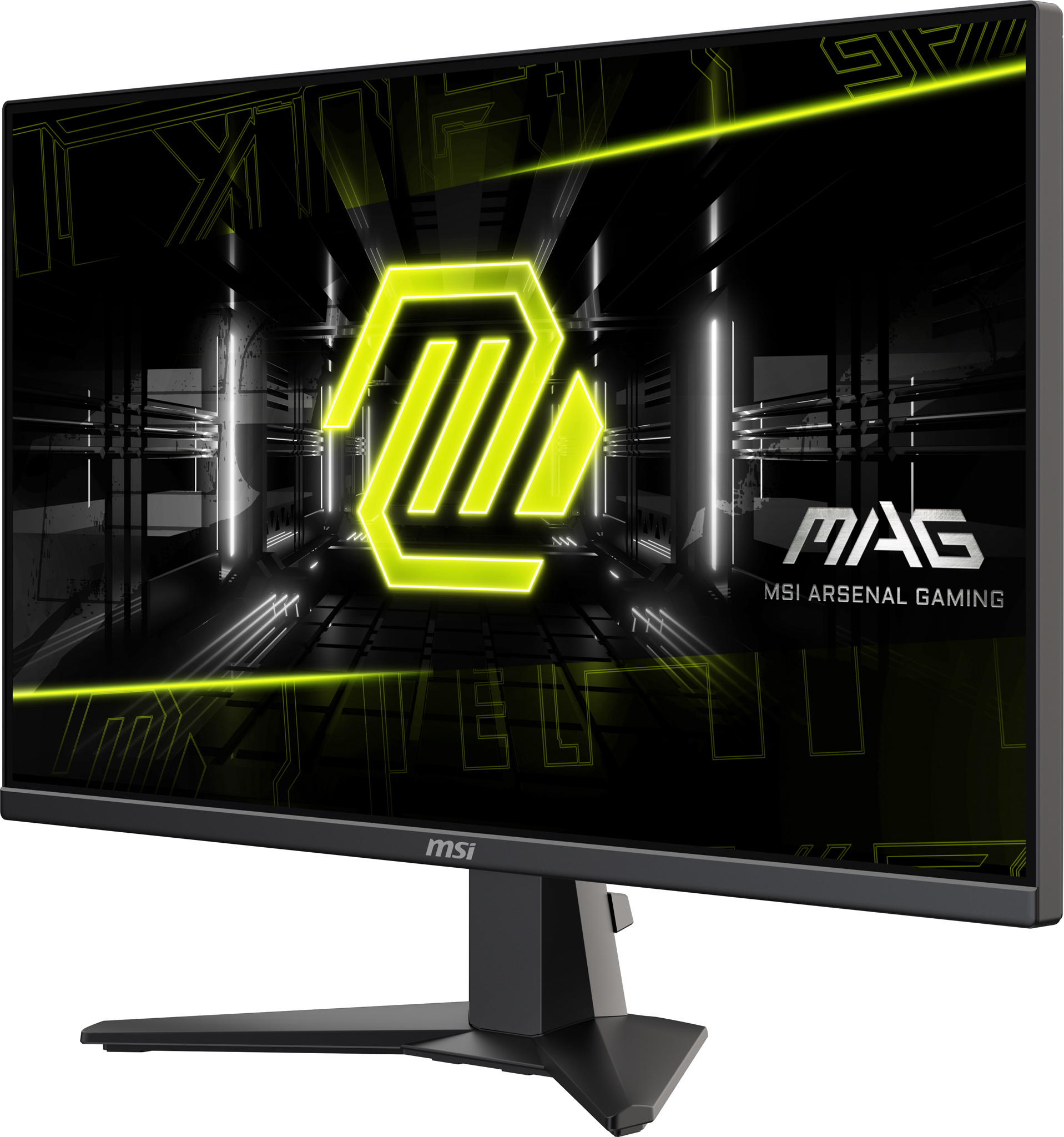 Monitor do gier MSI z neonowym żółtym logo.
