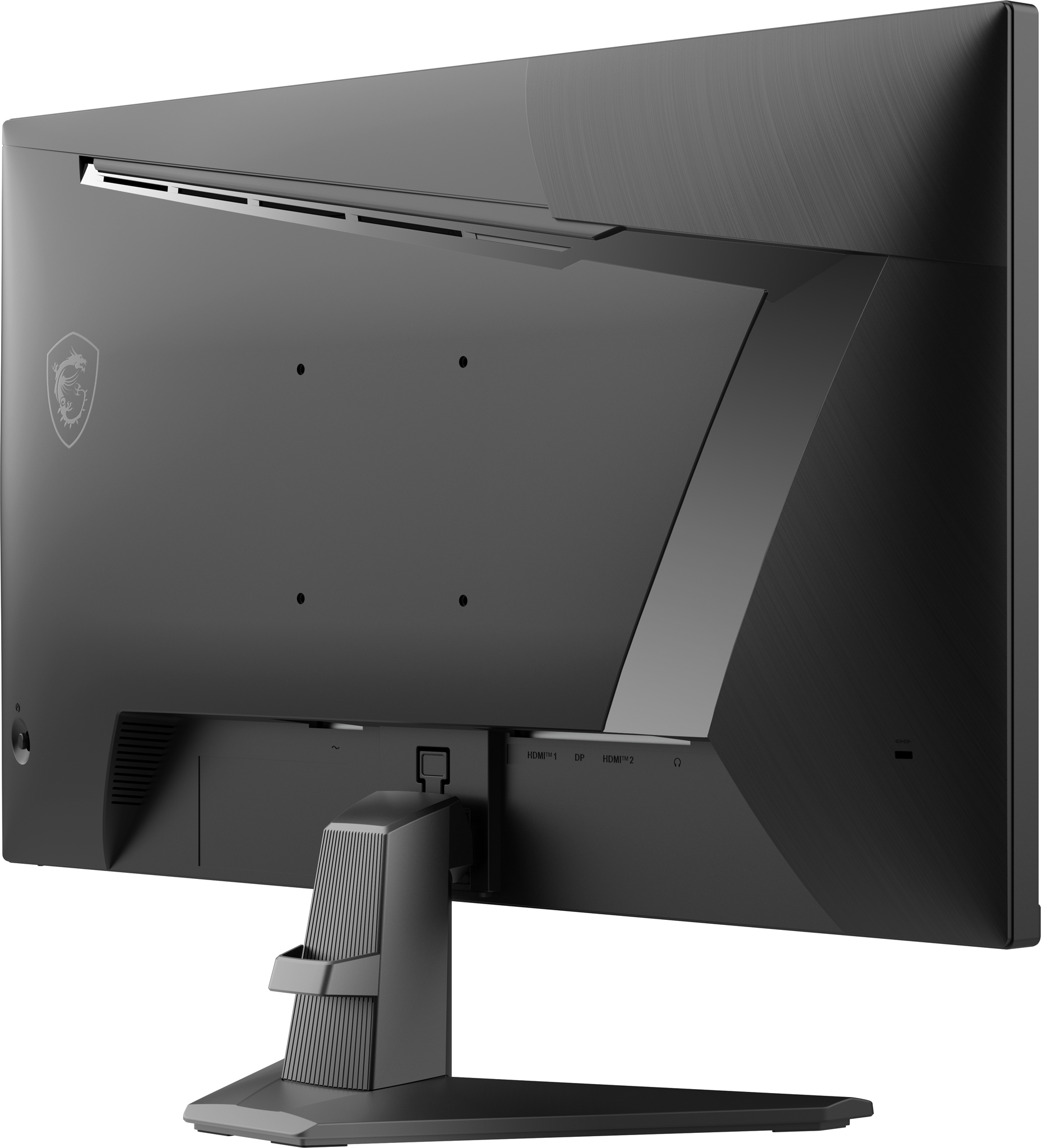 Tył czarnego monitora komputera z portami, podstawą i logo MSI.