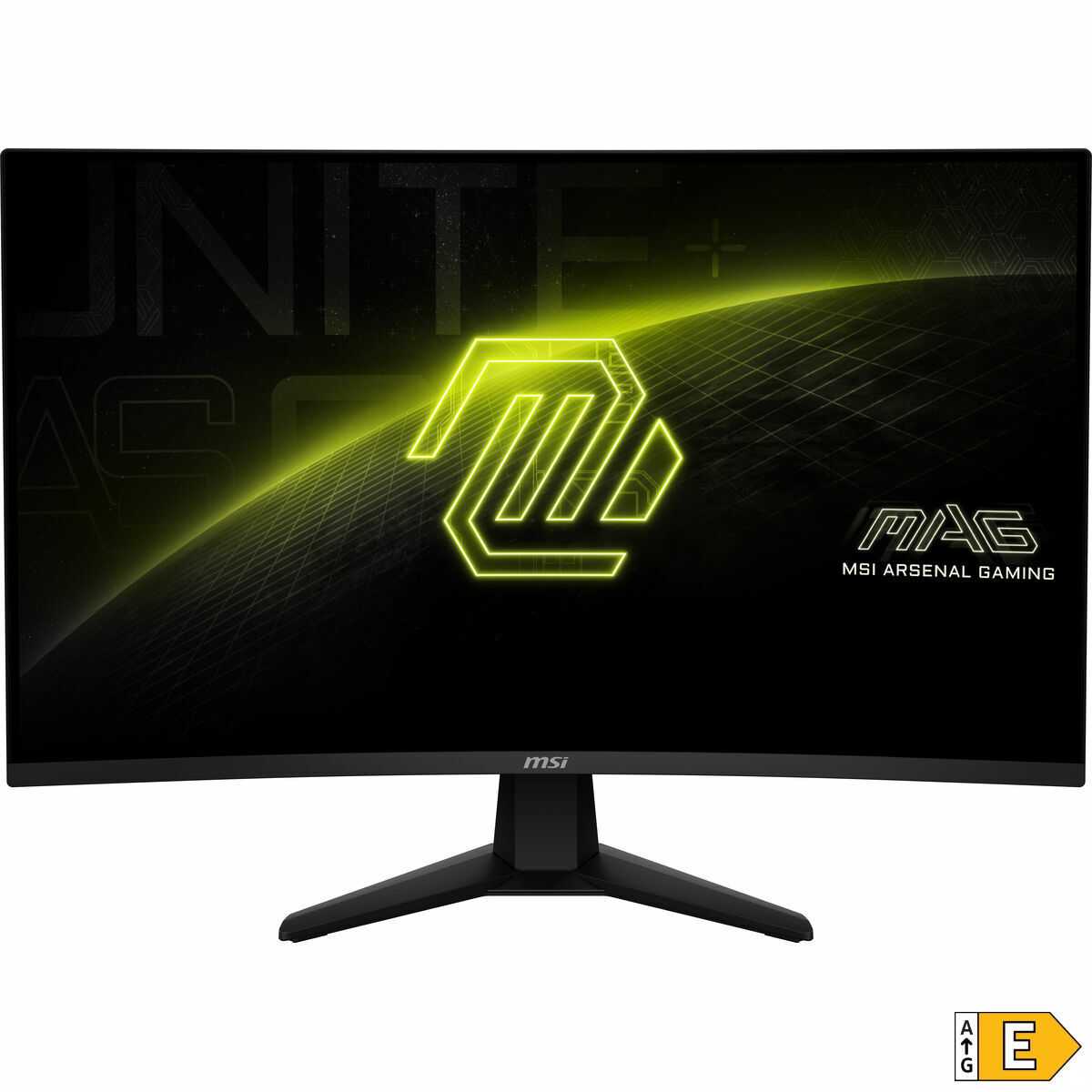 Monitor MSI curvo, con logo y texto, mostrando un gráfico, en negro.
