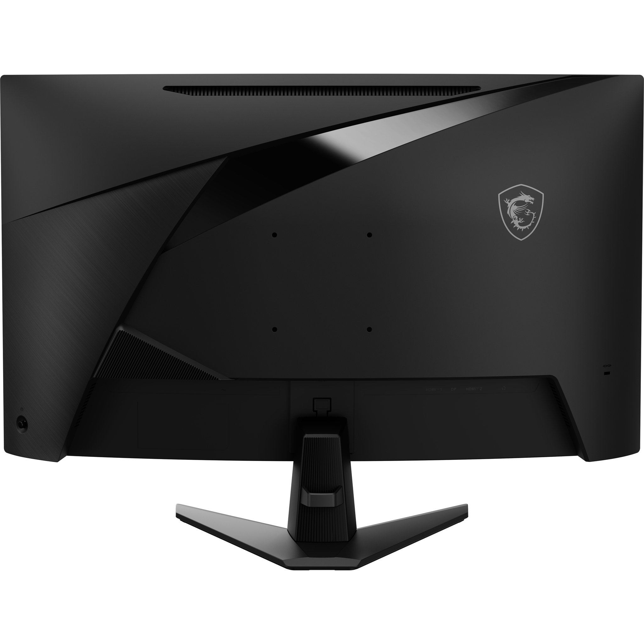 Parte trasera del monitor MSI negro. Logotipo MSI, puertos en la parte inferior. Diseño oscuro, patrón angular.