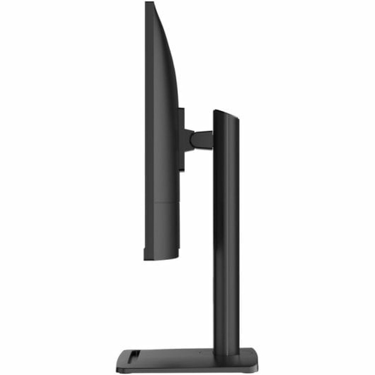 Monitor nero, vista laterale, su un supporto. Lo sfondo è un gradiente bianco.