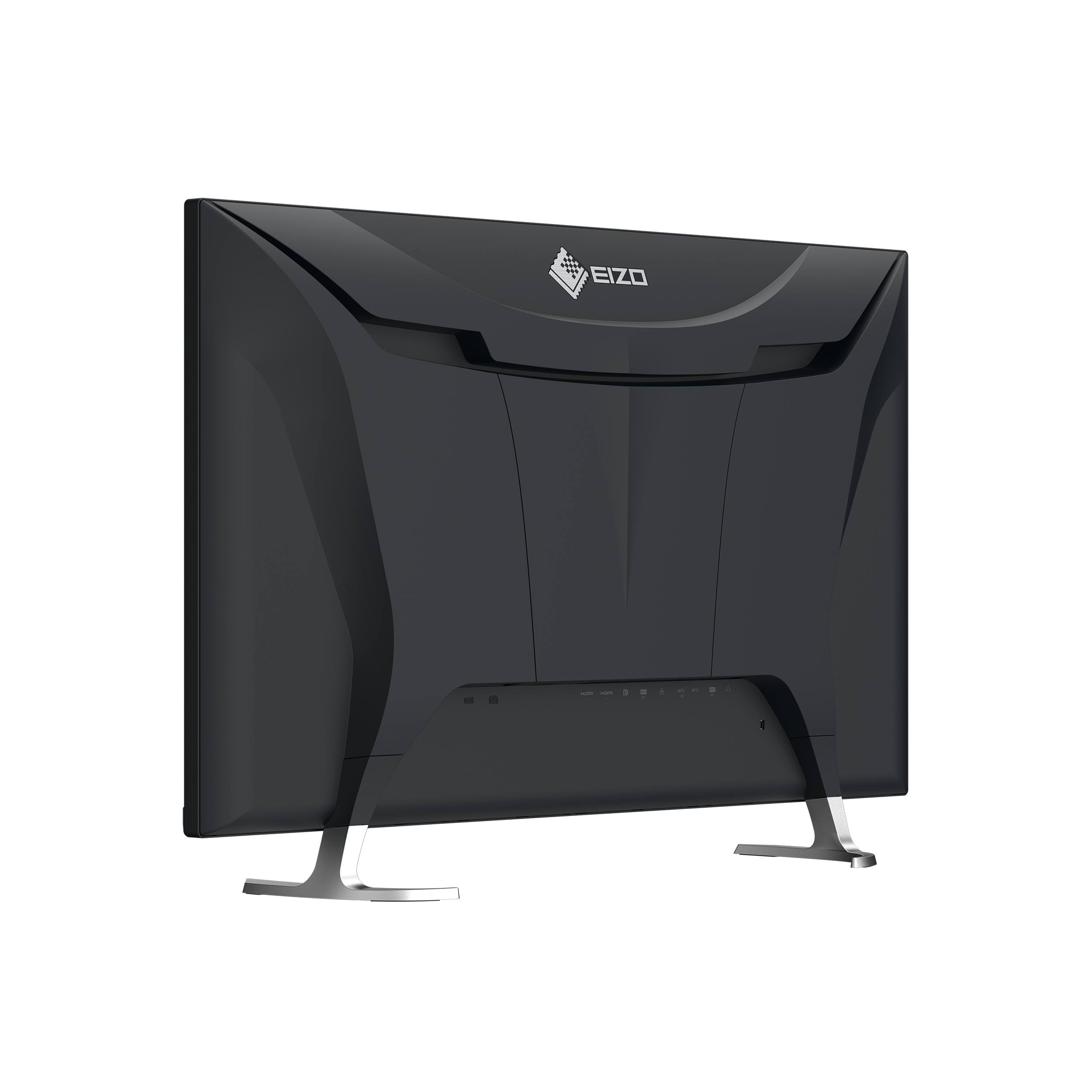 Czarny monitor EIZO, widok z tyłu, z logo i podstawą.