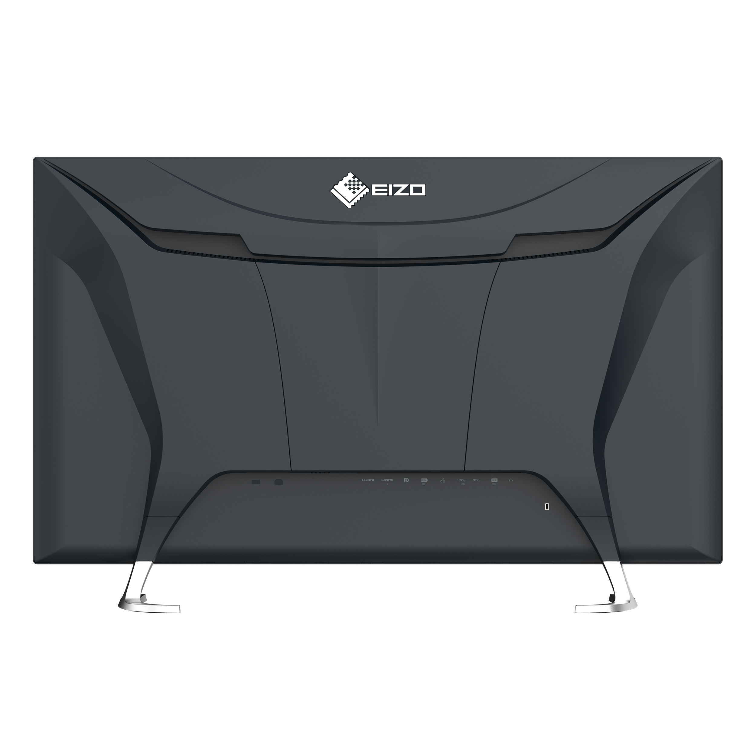 Czarny monitor EIZO, widok z tyłu, ze stojakiem i portami.