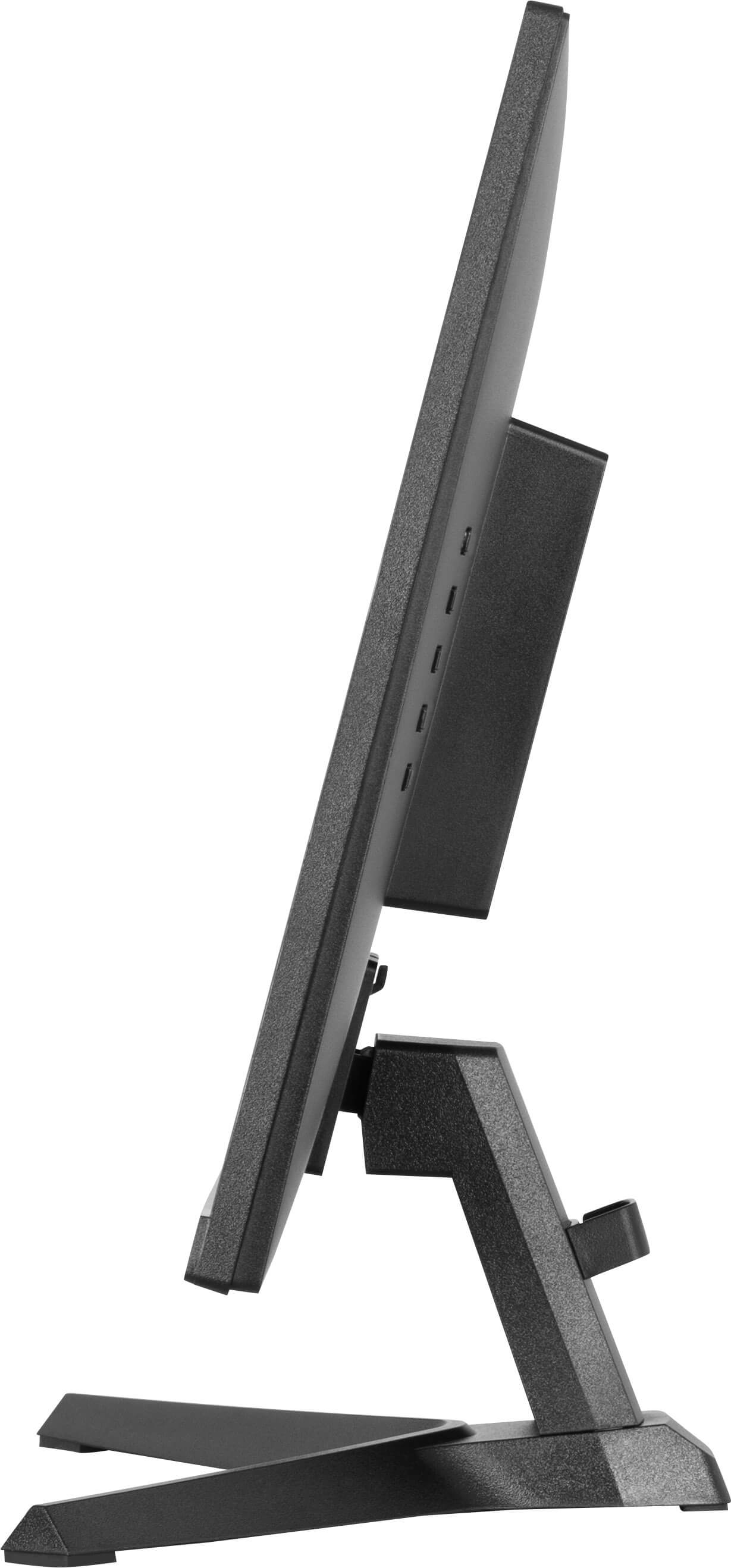 Czarny monitor, widok z boku. Jest przechylony do tyłu. Ma czarną podstawę. Ekran jest czarny.