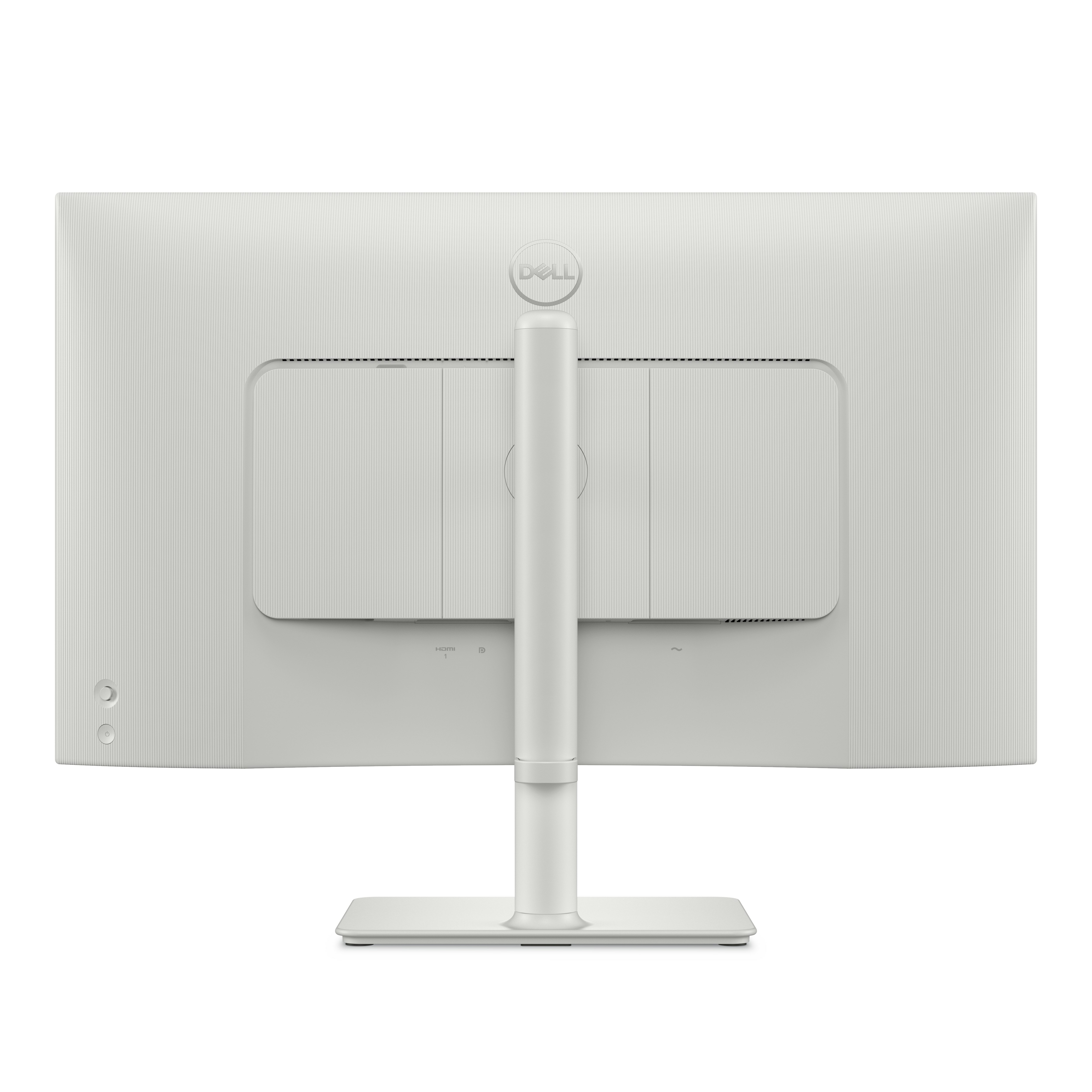 Tył białego monitora Dell, pokazujący podstawę i porty.