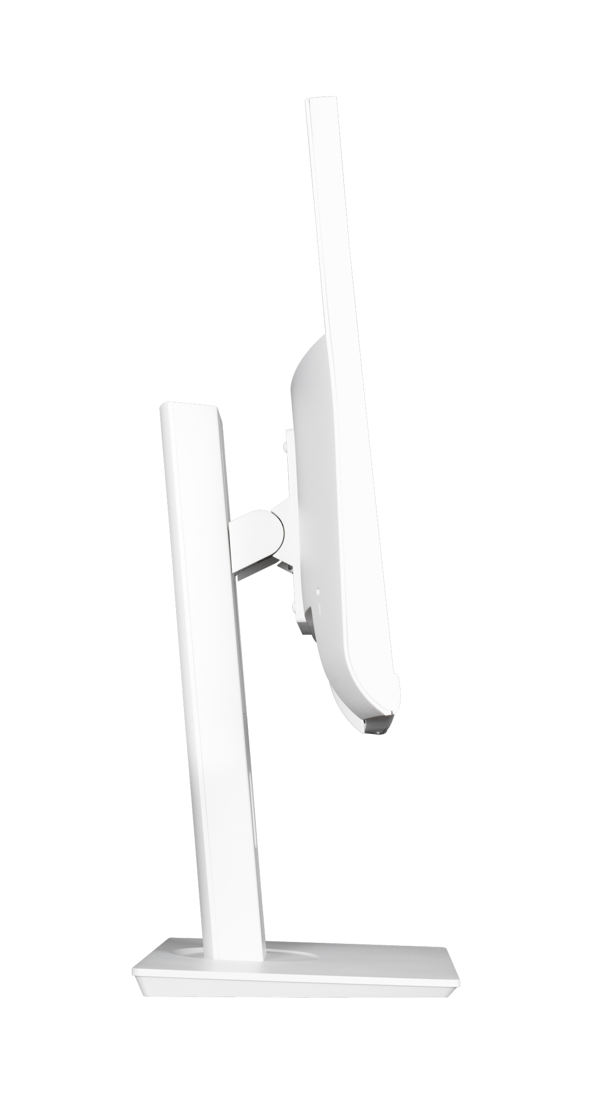 Widok z boku białego monitora ze stojakiem. To prosty design.