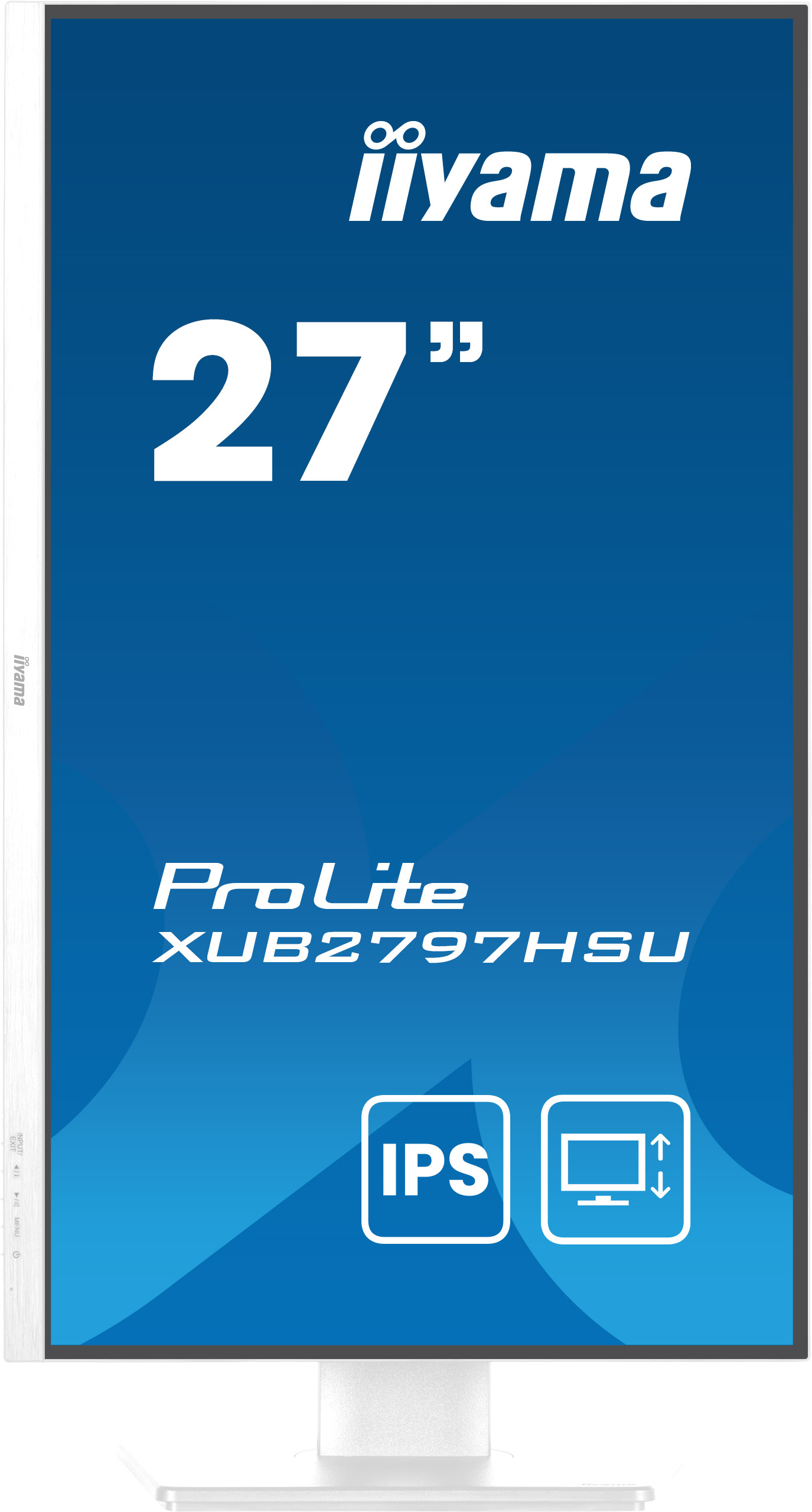 Biały monitor Iiyama z ekranem 27". Ma niebieskie tło i biały tekst.