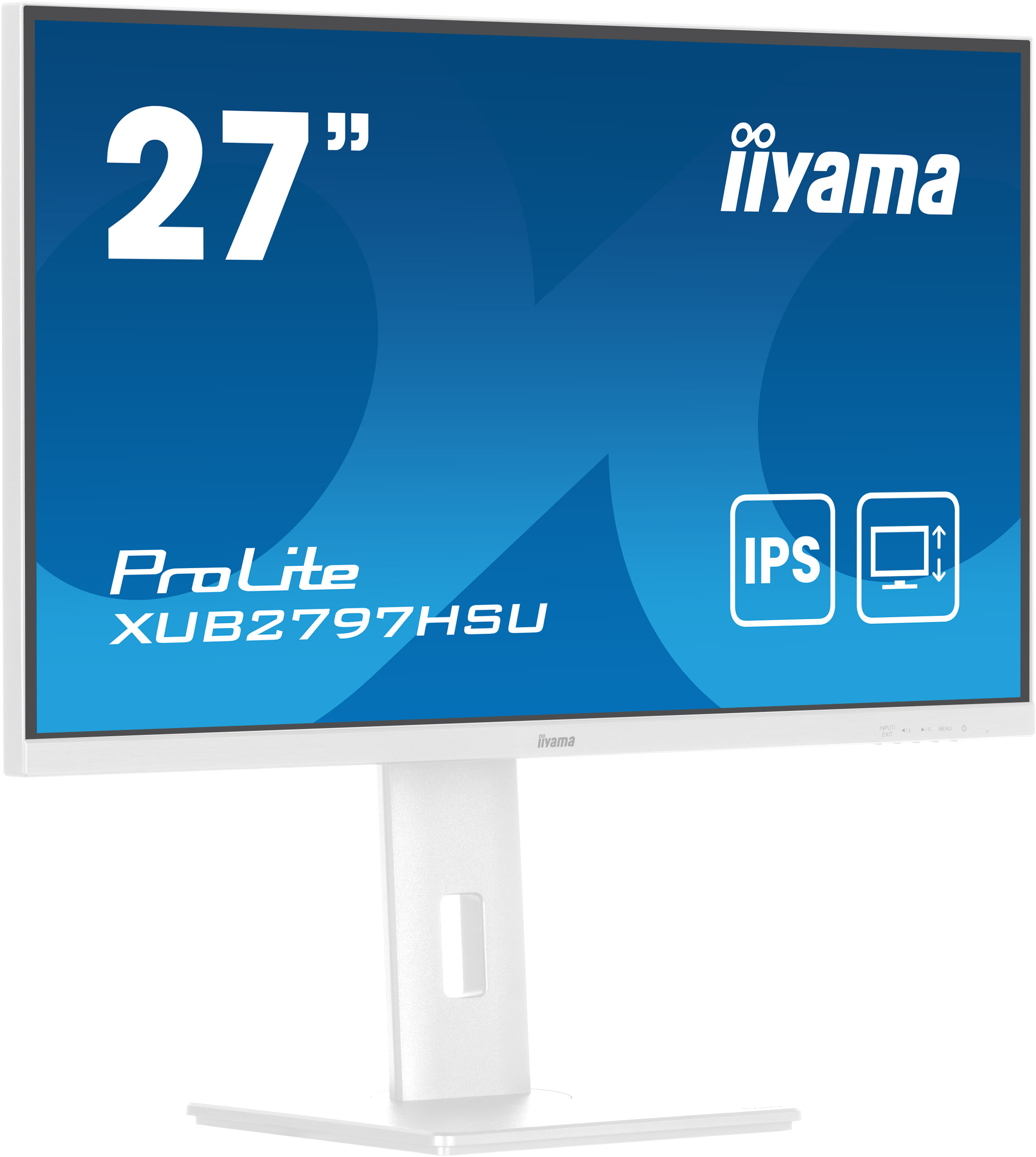 Biały monitor Iiyama z białą podstawą. Na ekranie jest tekst.