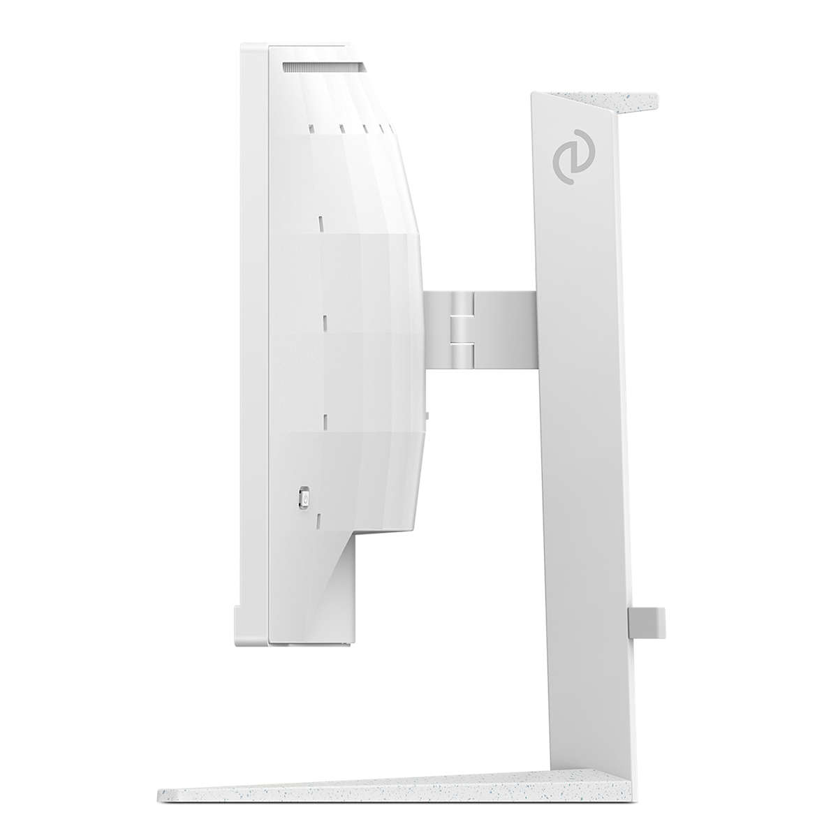 Biały monitor, widok z boku. Widoczna podstawa i szczegóły tylnej konstrukcji.