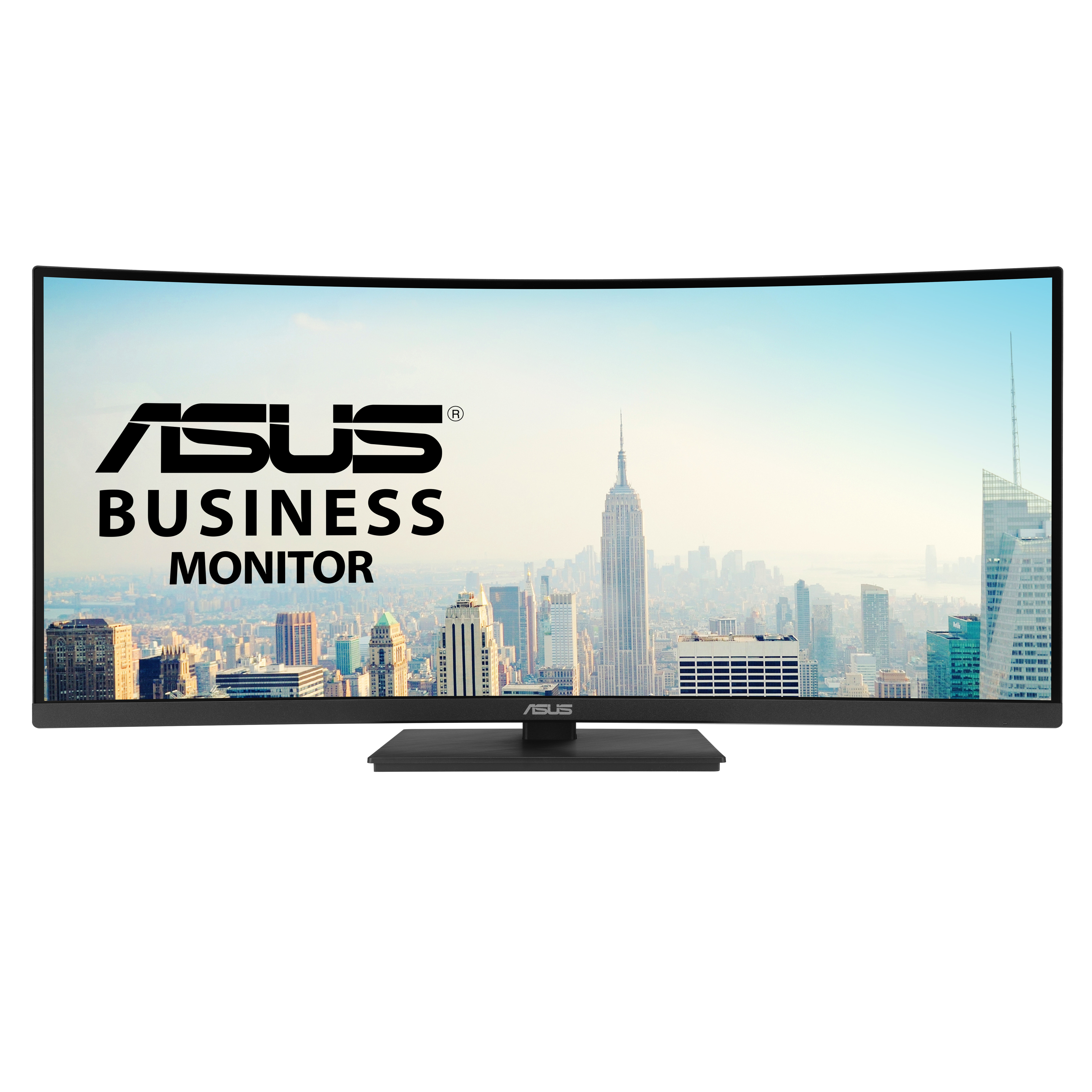 Gebogen ASUS Business Monitor met stadsachtergrond. Het heeft het ASUS logo.