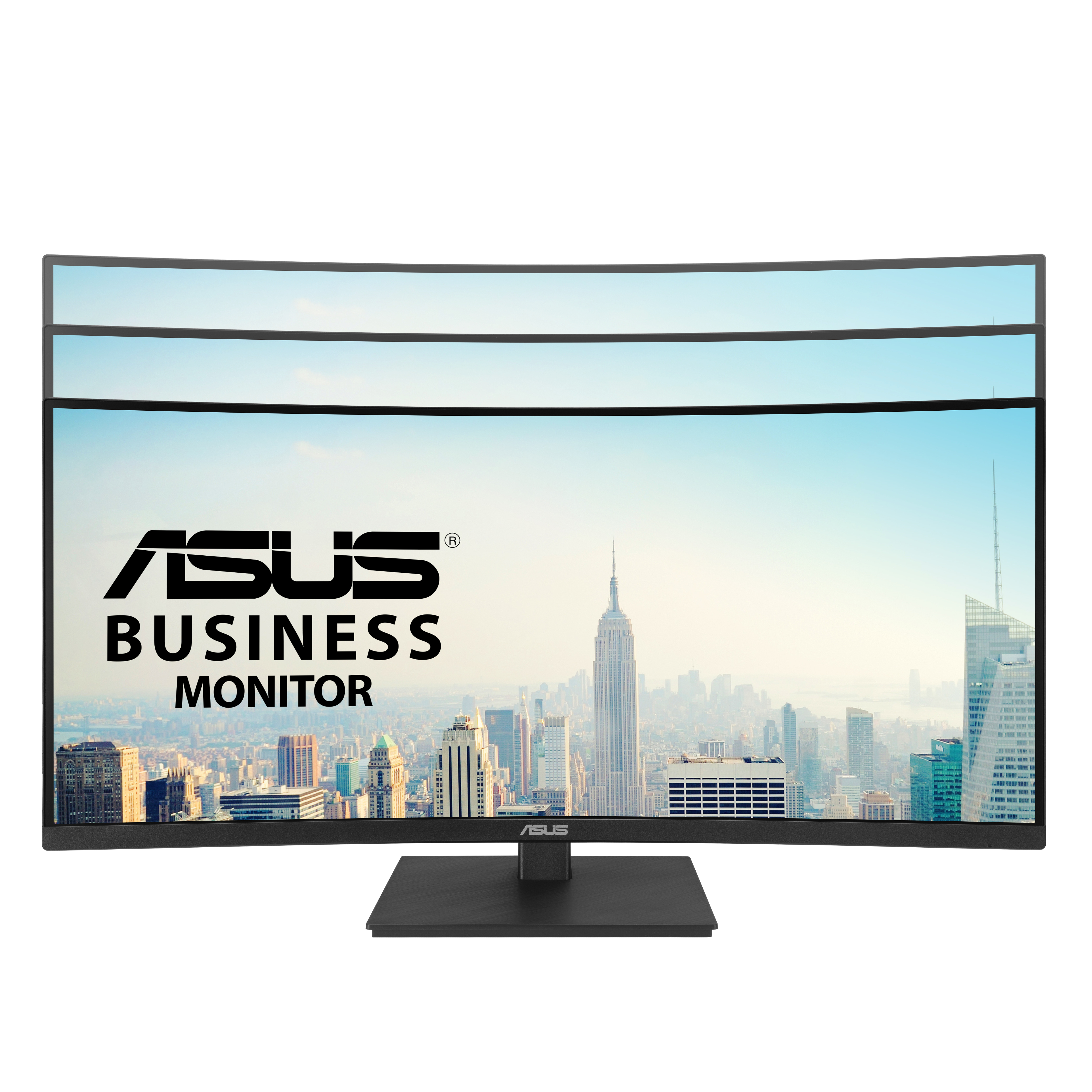 ASUS business monitor. Gebogen scherm toont een stad.