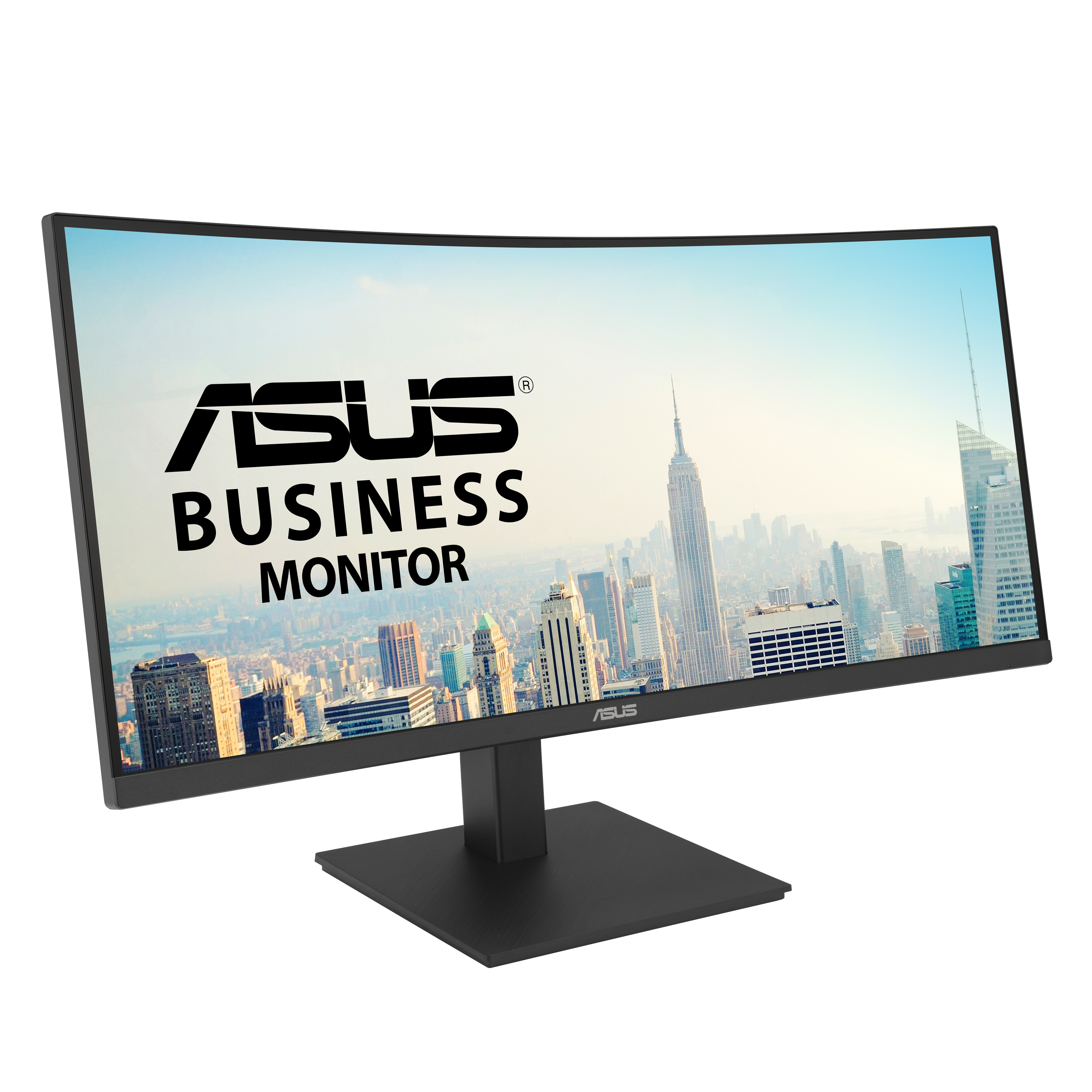 ASUS gebogen business monitor, stadsachtergrond, met het merk en tekst.
