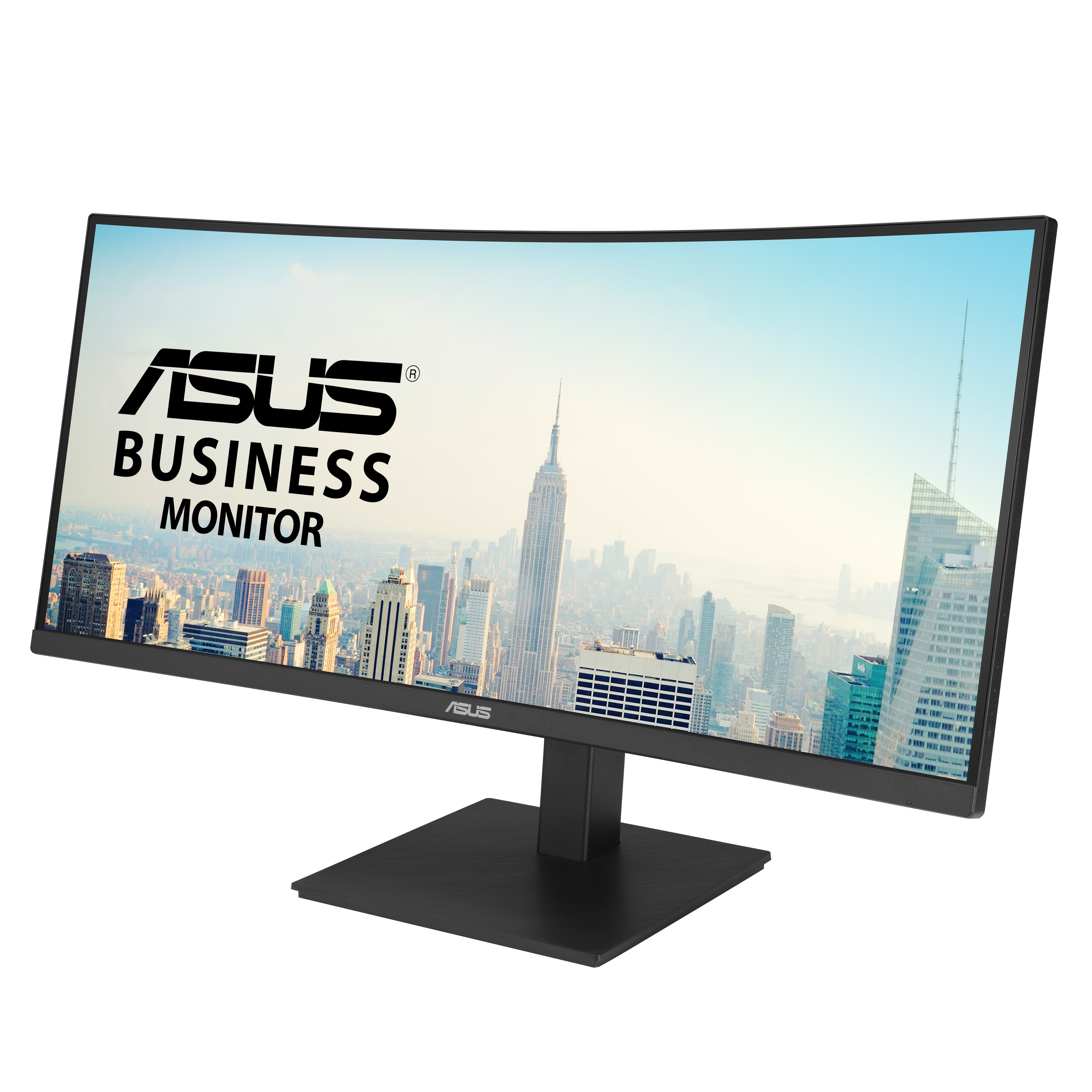 Gebogen ASUS Business Monitor met een stadsgezicht en de merknaam op het scherm.