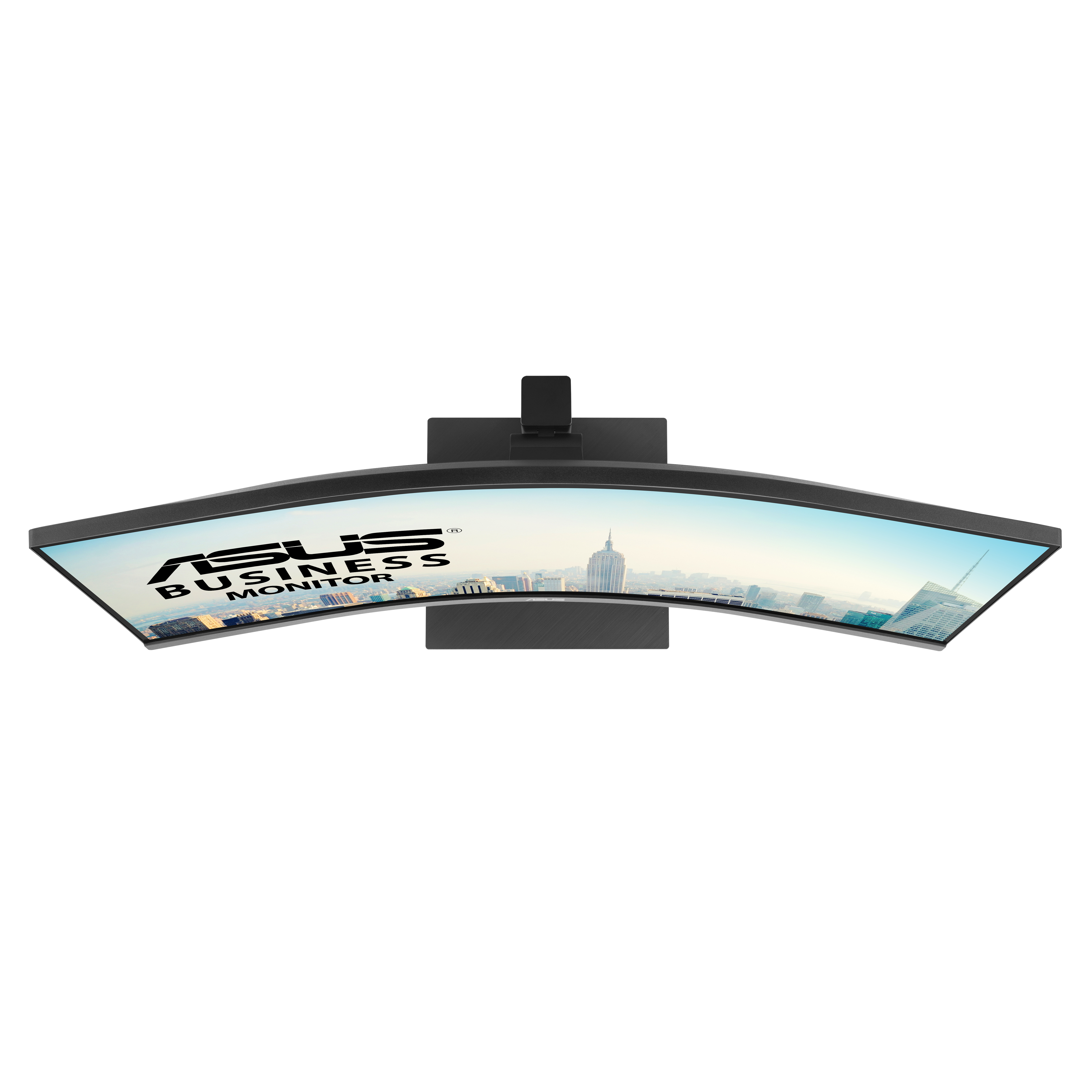 Gebogen monitor, bovenaanzicht, met ASUS-logo. De achtergrond is een stad.