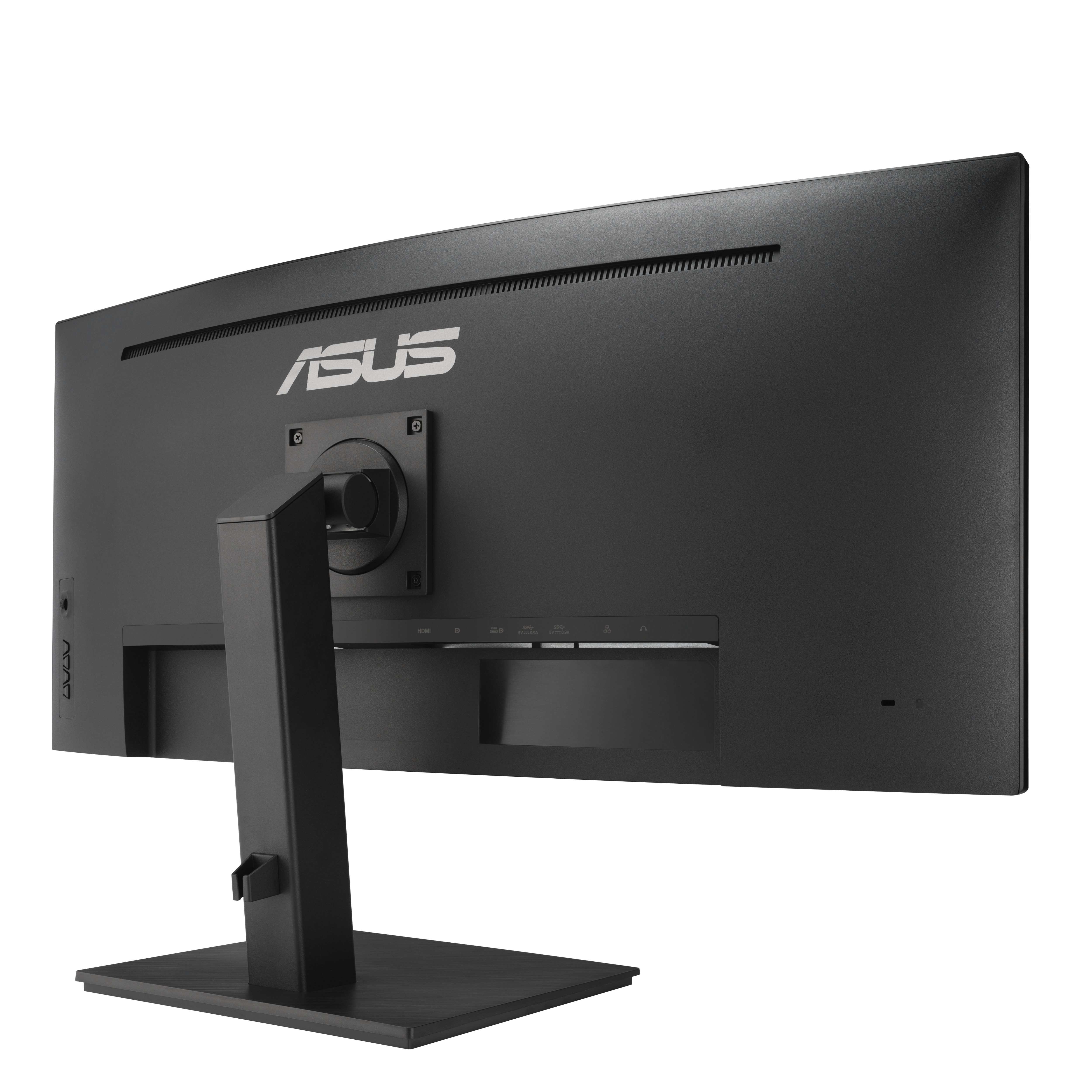 Achterkant van ASUS monitor, zwart, met standaard, witte achtergrond. ASUS logo.